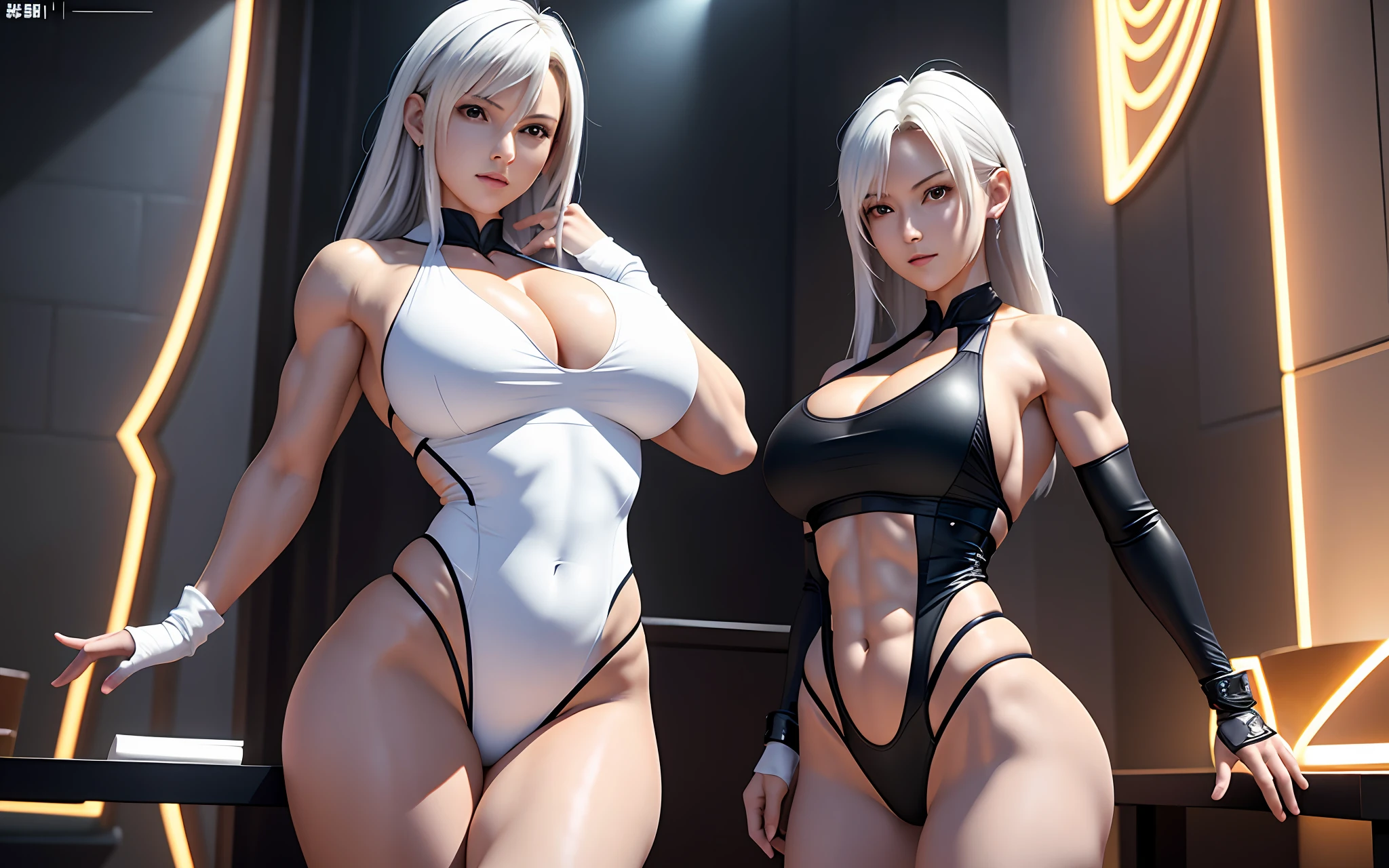 (tmasterpiece), (best qualtiy), 8K分辨率, ultra - detailed, photorealestic, photore, femele, with short white hair,Eight-pack abs,Expose abs,with a well-proportioned body,Toned arms,3DMM style,White super sexy super high fork super deep V three-point one-piece swimsuit,The thighs appear in the picture,Body facing the camera,arms stretched wide,She has huge, full breasts,Incredibly large and firm breasts,Two women,Light shines from the front