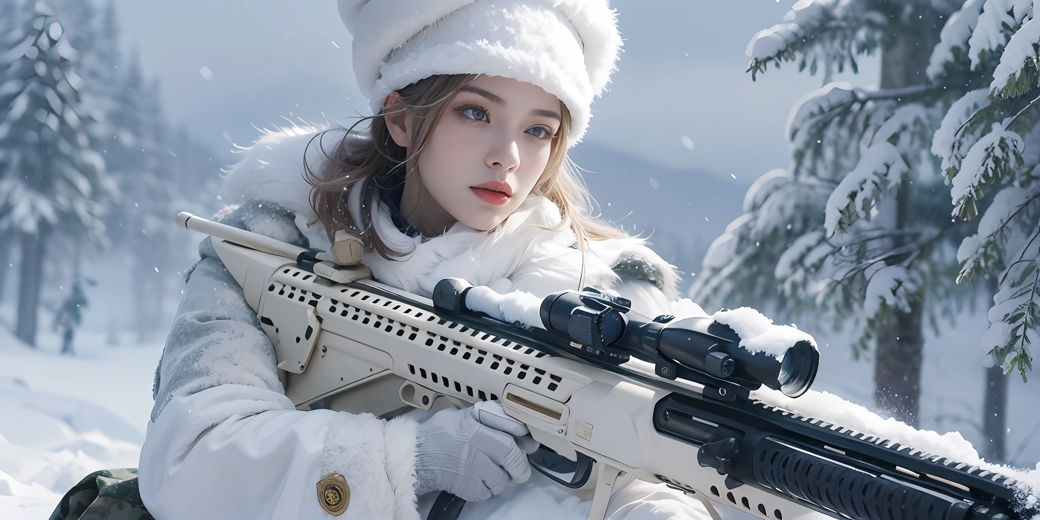 Beauty holding a sniper rifle on the snow aiming in a snow-white military uniform