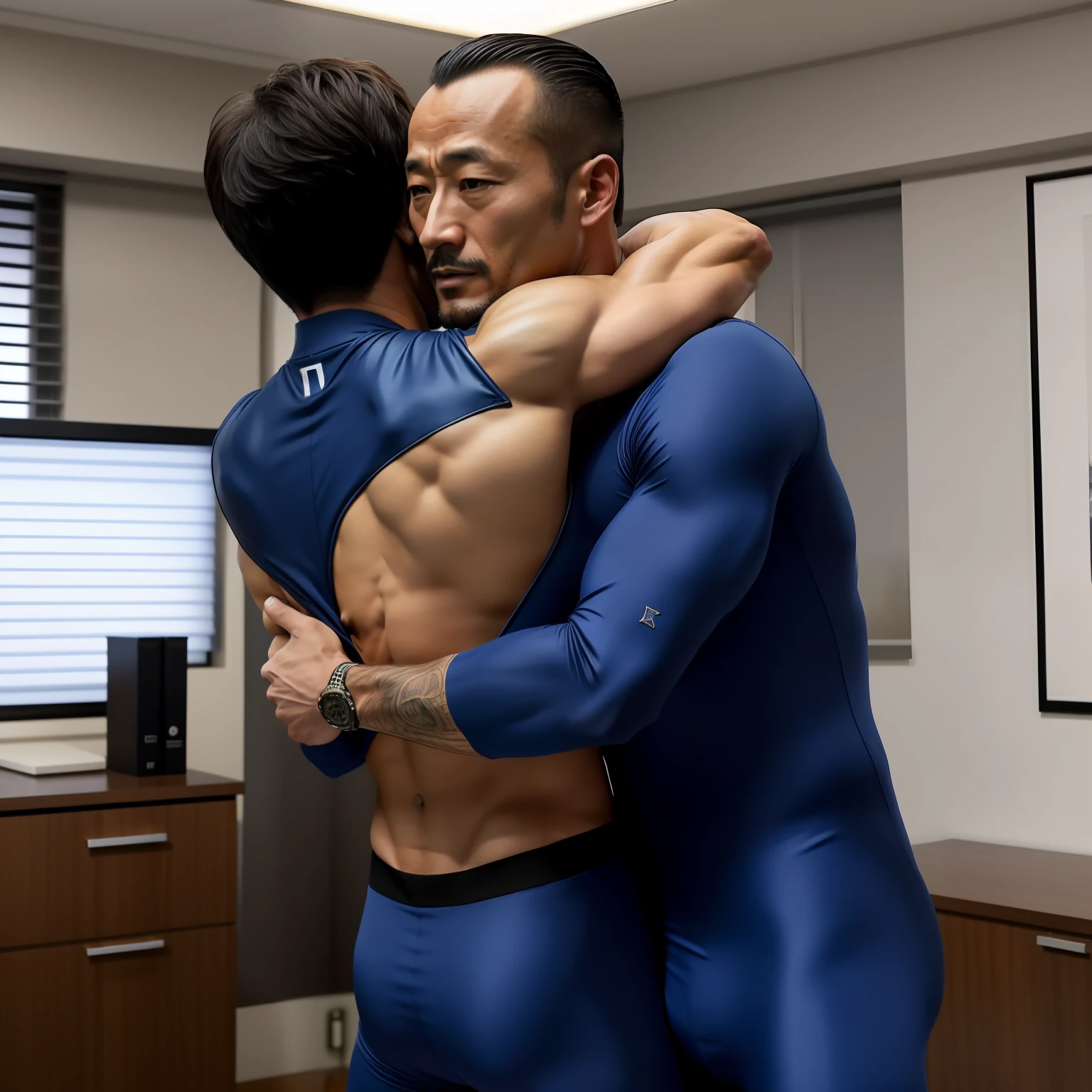 50yearsold，Hidetoshi Nakata ，（Kogoro Mouri 1.3），Naked upper body，Tong，Bulge，office room，Two people hugging，black long socks，Thin，musculature，lbeard，fortitude，artwork of a，tmasterpiece，k hd，blue skinsuit