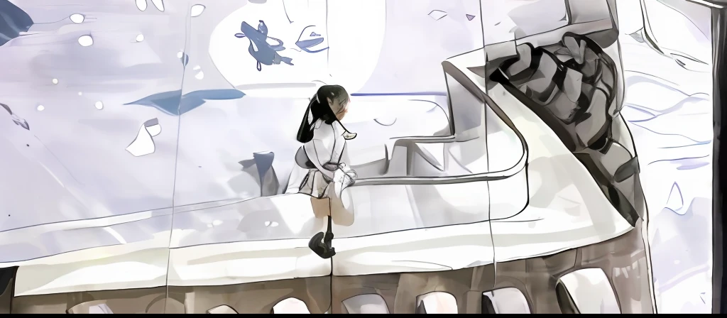 one-girl(Has short hair and has a long tread braid on the right side,Wearing a purple-white uniform,Lilac skirt)Stand in front of the fence of the planetarium on the second floor,looking at the stars,There is also a black cat sitting on the fence with the girl looking up at the stars,The starry sky is dazzling,The Milky Way is just around the corner,There is also a cat in a spacesuit floating in front of the girl
