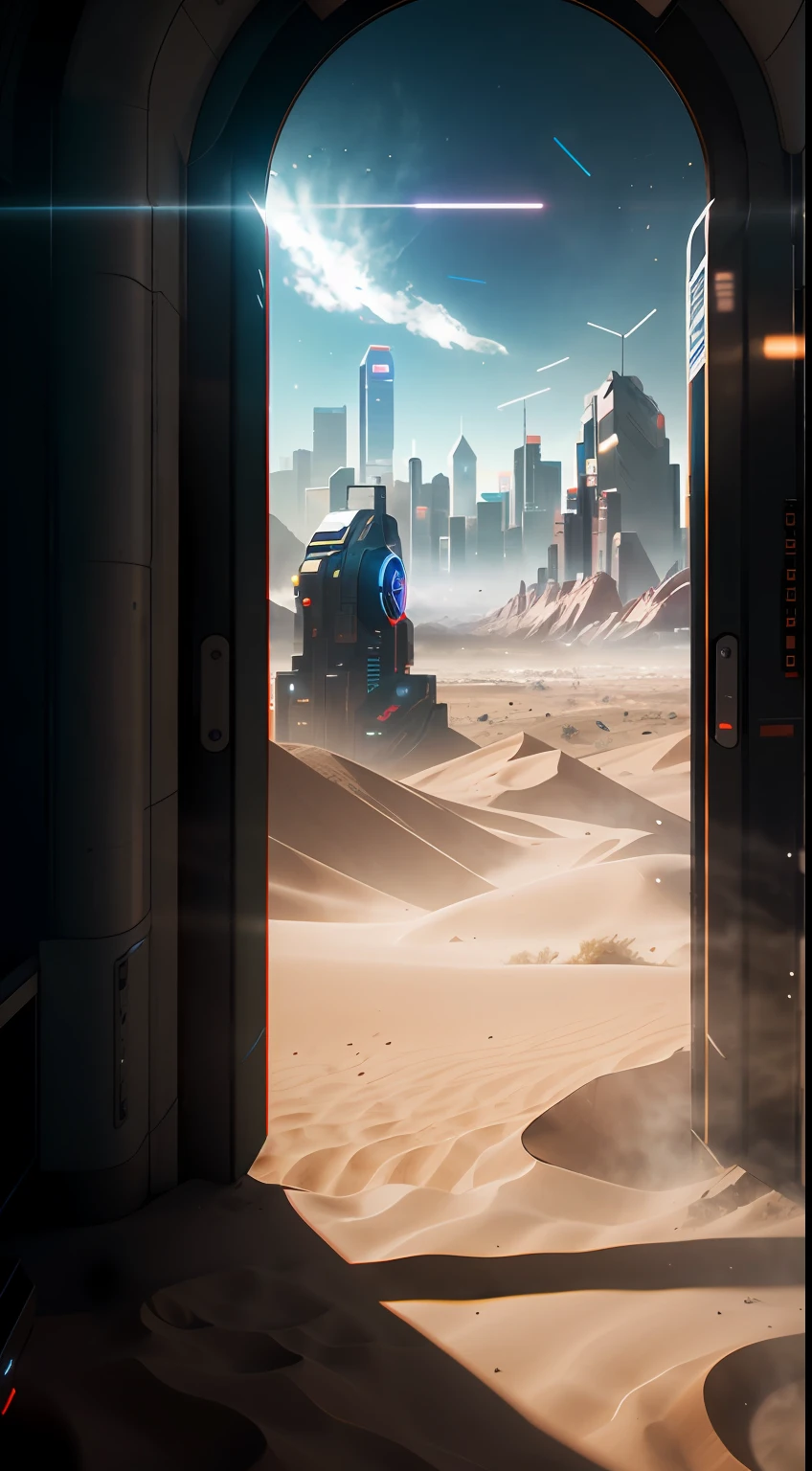 FPOV shot, wide angle, (looking at a high tech portal, in modern research lab, placed at the end of long hallway), (on the other side of the portal is a Dystopian cyberpunk future), duality, (time travel), (mountains:1.1), (badlands:0.8), (sprawling cyberpunk city skyline), high vantage point, ((Establishing Shot)), (highly detailed, hyperdetailed, intricate), (lens flare:0.7), (boom:0.5), raytracing, particle effects, dust, sand, deep depth of field, soft diffused lighting, photographed on a Canon 5D, 24mm ultra wide lens, deep focus, 4k resolution, cinematic film still