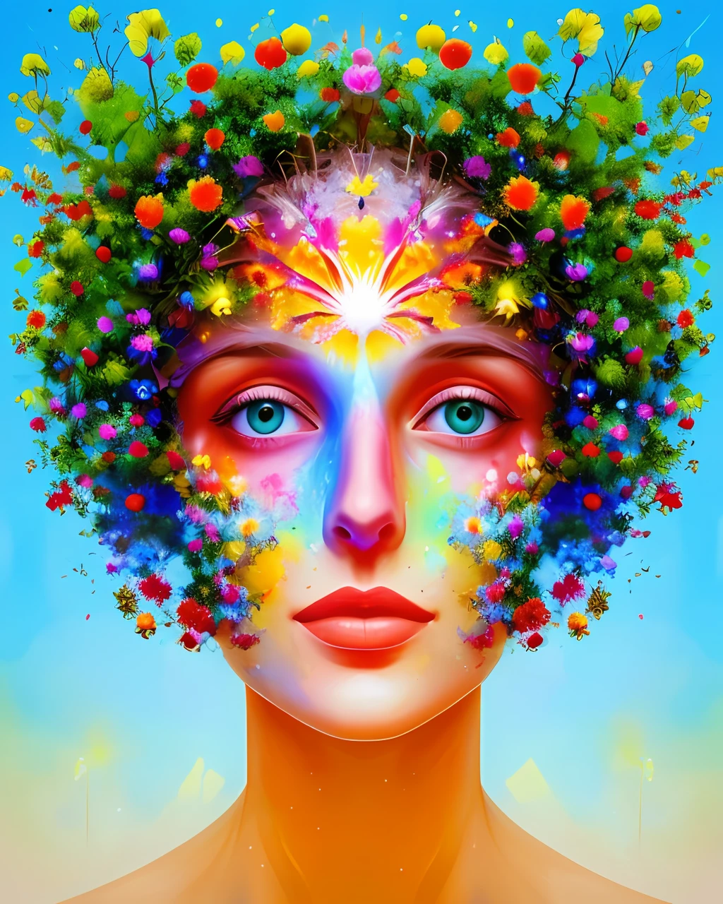 Beautiful symmetrical photo painted in oil with thick brushstrokes and wet paint, proportion Aurea, cera derretida |, visible brushstrokes, cercada por esferas de cristal, tessellation wireframe 3d, neural graphic, Neurons, arvore da vida, cor, amor, passion, oil on the canvas, pinceladas grossas, insanamente detalhadas, 8k UHD, obra-prima, art-station, surreal
