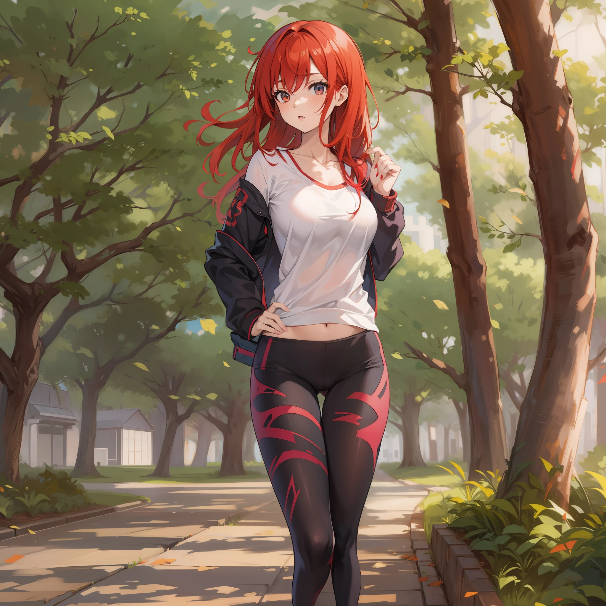 Anime girl, red hair, park, leggings, full body shot, sexy,