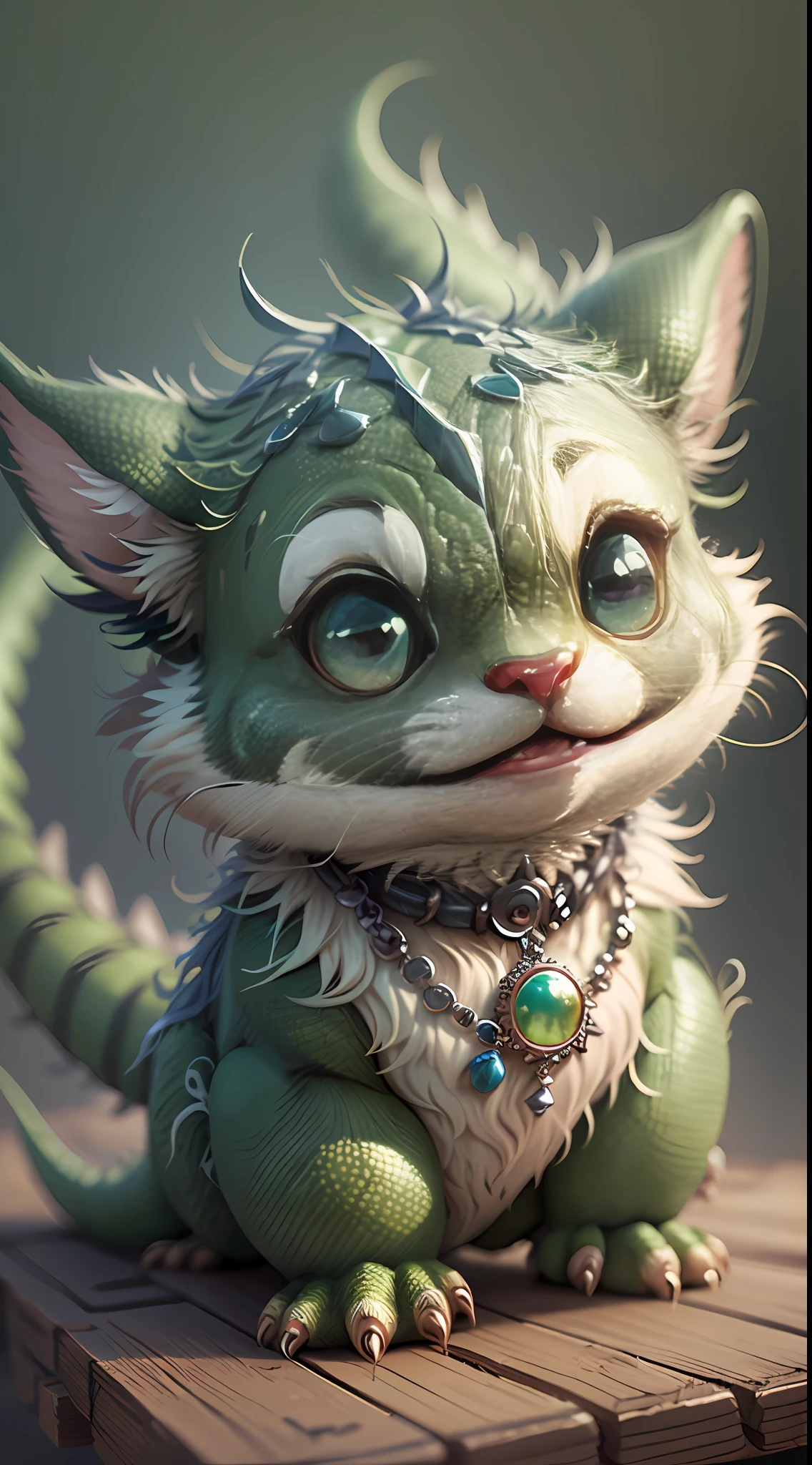 Cute hyper-realistic little green dragon,Eyes of different colors,Wearing a necklace,Exaggerated expressions,Humanized action,tchibi,Lovely and fluffy,Logo design,cartoony,movie light effect,mesmerizing,3D vector art,Cute quirky,Fantasy art,Background bokeh,handpainted,digitial painting,gentlesoftlighting,Isometric style,4K resolution,photoreal render,Highly detailed and clean,Vector Image,Photorealistic masterpiece,professional photograpy,simple space background,flat white background,isometria,vibrant vector