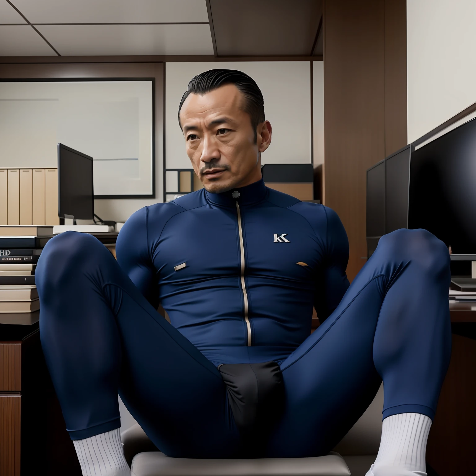 50yearsold,Hidetoshi Nakata ,(Kogoro Mouri 1.3),Naked upper body,Tong,Bulge,office room,sitted,black long socks,Thin,musculature,lbeard,fortitude,artwork of a,tmasterpiece,k hd,blue skinsuit