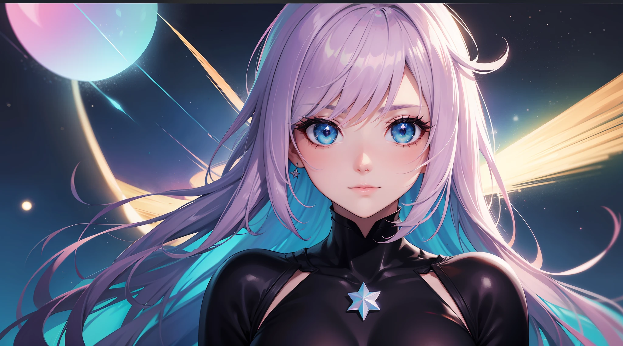 Mulher ninja com fone de ouvido sentido paz, olhos brilhantes com estrela, rosto bonito, cores RGB, cabelo rosa brilhante, colorido anime, fundo brilhante, Banner for youtube video, feliz, nuvens com cores RGB, cores RGB brilhantes, completo, ser celestial, garota gamer..