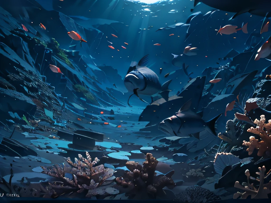 A scenario of the best quality，tmasterpiece，The is very detailed，8k，wallpaper and fantasy quality，BREAK shows the seafloor environment，），（Many fish：1.4）big breasts and big breasts（The fish：1.2）present，， BREAK with cool colors， cold shades，Calm atmosphere，wide wide shot，28mm and bird's eye effect。