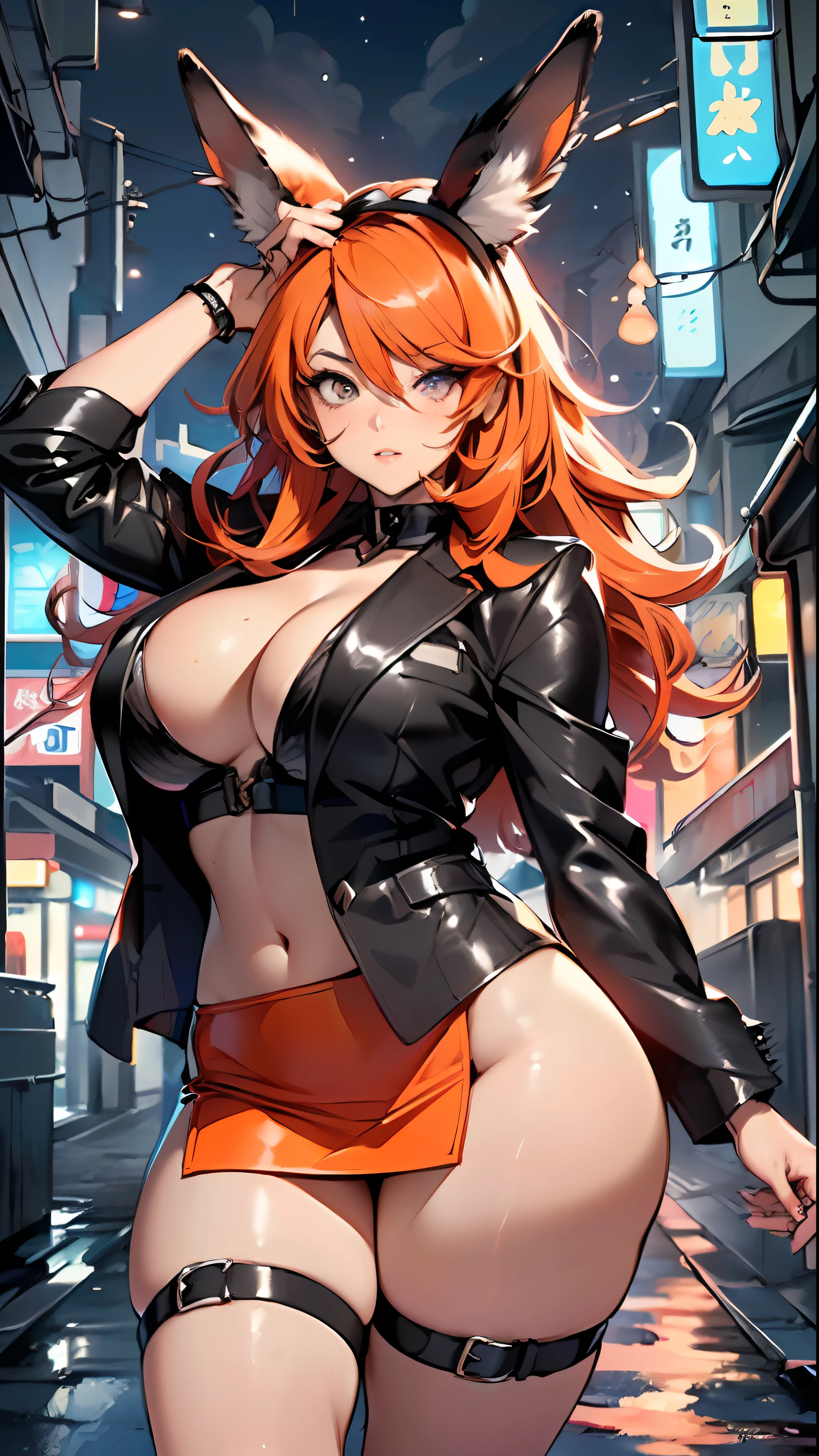 cute bunny girl,(((1girl))),((anime bunny girl with extremely cute and beautiful orange hair walking seductively down the street)),(((bunny girl,anthro furry cute,bunny-girl))),(((bunny ears,bunny ears on head,big bunny ears))),


(large breasts:1.4),saggy breasts,(((red orange hair:1.35,colored inner hair,ear breathing,large hair))),((heterochromia, eye1 red, eye2 orange, perfect eyes, upturned eyes:1.3, beautiful detailed eyes, finely detailed beautiful eyes:1, big highlight on eyes:1.2, slanted eyes)), ((fat)),(((lustrous skin:1.5,bright skin: 1.5,skin tanned,shiny skin,very shiny skin,shiny body,plastic glitter skin,exaggerated shiny skin))),(spider lower abdomen,narrow waist,wide hip,athletic body,inflated legs,delicate detailed fingers,detailed body,detailed arms,human hands, detailed hands),

cute,slutty,seductive,erotic,(((nsfw))), 

(((wearing dark red formal blazer, short skirt,))), (((huge cleavage))), (detailed outfit,detailed clothes),

(dynamic pose:1.0), solo focus, embarrassed, centered, scale to fit dimensions, Rule of thirds,

outdoors, ((night view)), (cyberpunk night street Background: 1.5,dark sky,alleyway,lonely alley,thick clouds, detailed background:1.25),

(best quality), (high resolution), (sharp focus), (ultra detailed), (extremely detailed), (extremely high quality artwork), 8k_wallpaper, (extremely detailed CG 8k),(very fine 8K CG), ((hyper super ultra detailed perfect piece)), flawless, (((masterpiece))), illustration, vibrant colors,  (intricate), High contrast, Selective lighting, Double exposure, HDR (High Dynamic Range), Post-processing, Background blur,