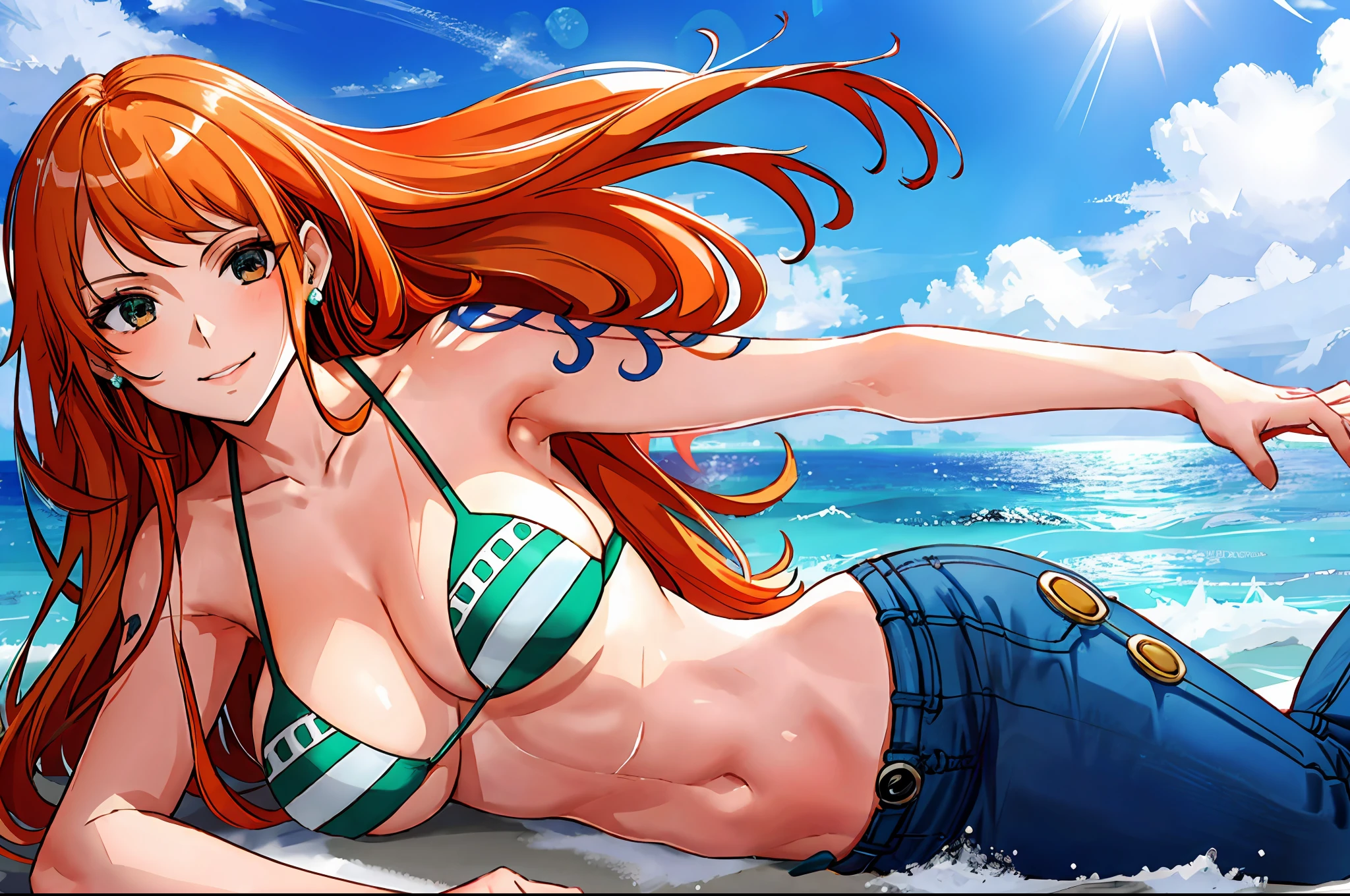 detailed background, masterpiece, 4k, epic, best quality, late youth, adult, milf, athlete body, 1girl, active, energic, ((wide open mouth, smile, lying on the ground, fully lying down, open eyes, hands spread sideway)) , solo, nami \(one piece\), 1girl, bangle, (very missy hair, tired, open mouth, feeling hot, tilting head, both hands spreadeagled, serious, hurt, glaring, open eyes, looking up, perfect detailed face, round face) bold drawing lines, muscular arms, detailed bold arm lines, flat jaw, adult woman, wavy wide streaked bangs, floating bang, (big cheeks), bare shoulders, off-shoulders, belt, bikini, bikini top only, blue sky, bracelet, springy breasts, breast lines, big round eyes, very big brown shiny eyes, bubbles, high eye position, cleavage, cloud, day, denim, earrings, floating hair, shiny hair, green belt, green bikini, bold groin lines, jeans, jewelry, medium breasts, log pose, long hair, looking at viewer, long navel, wet hair, orange hair, pants, shoulder tattoo, sidelocks, sky, solo, stomach, swimsuit, tattoo, detailed left arm, big forehead, hourglass figure, small head, toned body, wide hair, wind effect, sun effect, under the sun, narrow small ears angle, older, straight shot,