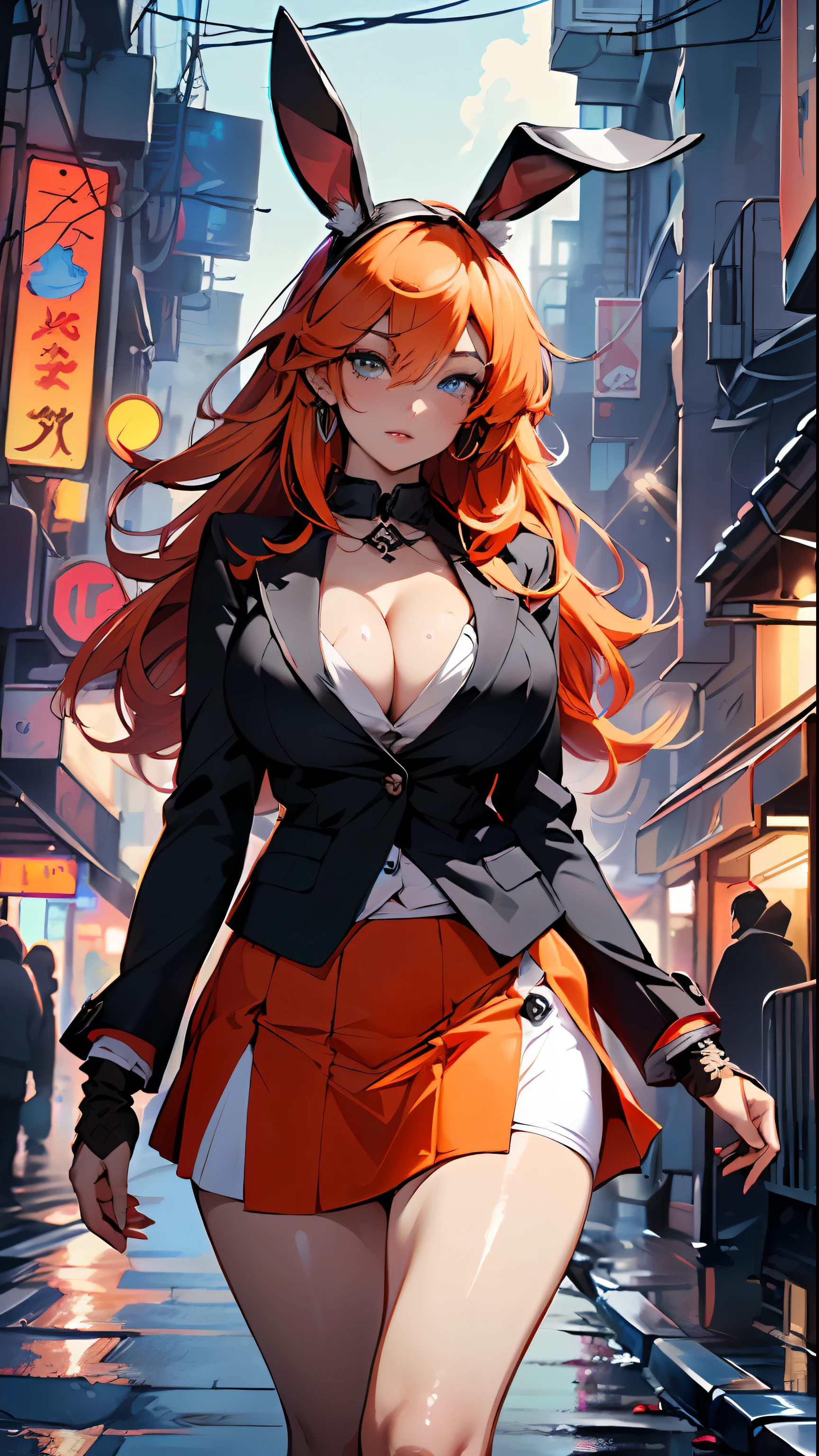 cute bunny girl,(((1girl))),((anime bunny girl with extremely cute and beautiful orange hair walking seductively down the street)),(((bunny girl,anthro furry cute,bunny-girl))),(((bunny ears,bunny ears on head,big bunny ears))),


(large breasts:1.4),saggy breasts,(((red orange hair:1.35,colored inner hair,ear breathing,large hair))),((heterochromia, eye1 red, eye2 orange, perfect eyes, upturned eyes:1.3, beautiful detailed eyes, finely detailed beautiful eyes:1, big highlight on eyes:1.2, slanted eyes)), ((fat)),(((lustrous skin:1.5,bright skin: 1.5,skin tanned,shiny skin,very shiny skin,shiny body,plastic glitter skin,exaggerated shiny skin))),(spider lower abdomen,narrow waist,wide hip,athletic body,inflated legs,delicate detailed fingers,detailed body,detailed arms,human hands, detailed hands),

cute,slutty,seductive,erotic,(((nsfw))), 

(((wearing dark red formal blazer, short skirt,))), (((huge cleavage))), (detailed outfit,detailed clothes),

(dynamic pose:1.0), solo focus, embarrassed, centered, scale to fit dimensions, Rule of thirds,

outdoors, ((night view)), (cyberpunk night street Background: 1.5,dark sky,alleyway,lonely alley,thick clouds, detailed background:1.25),

(best quality), (high resolution), (sharp focus), (ultra detailed), (extremely detailed), (extremely high quality artwork), 8k_wallpaper, (extremely detailed CG 8k),(very fine 8K CG), ((hyper super ultra detailed perfect piece)), flawless, (((masterpiece))), illustration, vibrant colors,  (intricate), High contrast, Selective lighting, Double exposure, HDR (High Dynamic Range), Post-processing, Background blur,