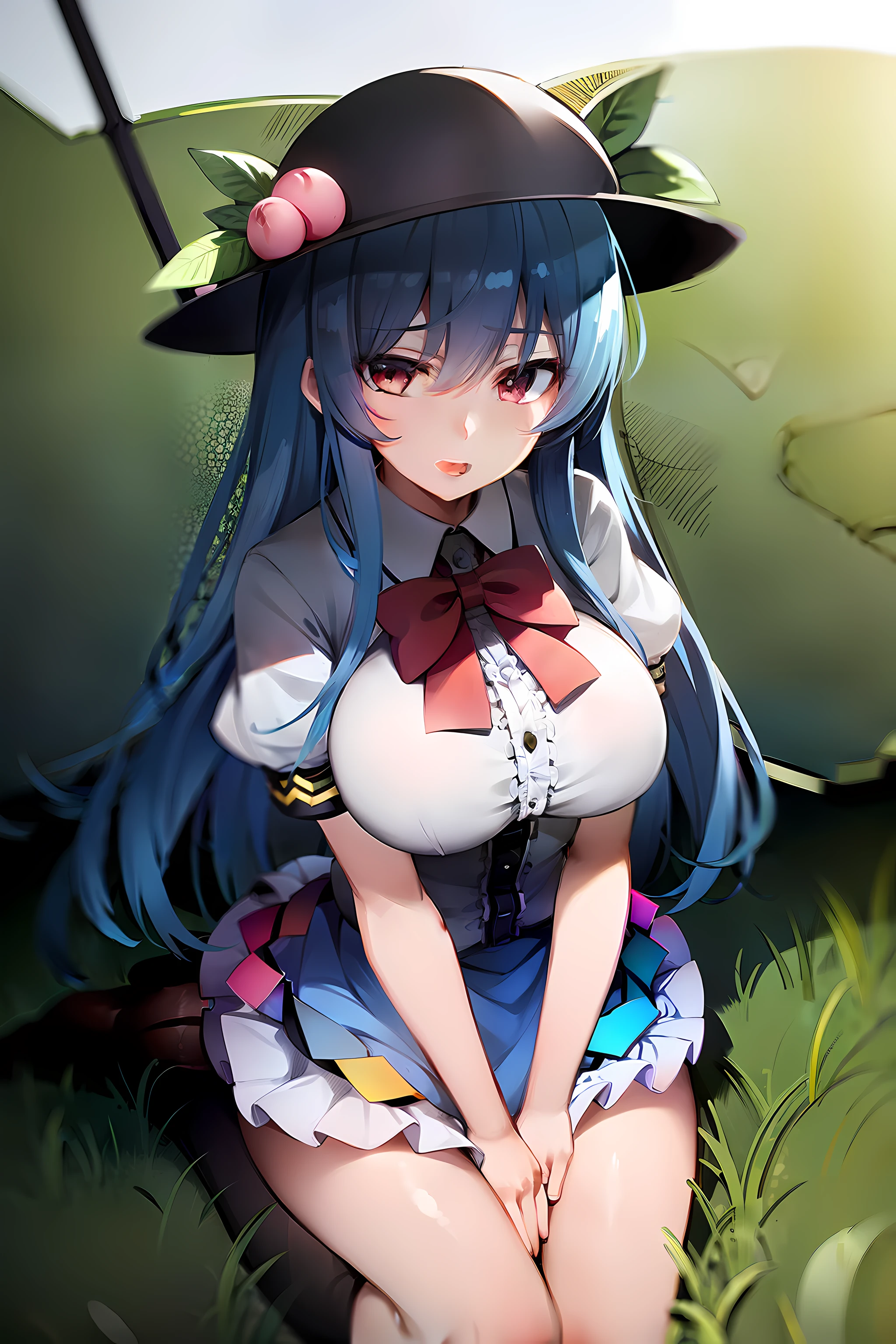 (masterpiece),best quality, expressive eyes, perfect face,w sitting, w sitting on ground, legs on ground, 1girl,
big breast, H-cup, good breast, crossing arms, beautiful, gorgeous,anime,girl,lora,hinanawi tenshi, blue hair, blue haired,tent boobs