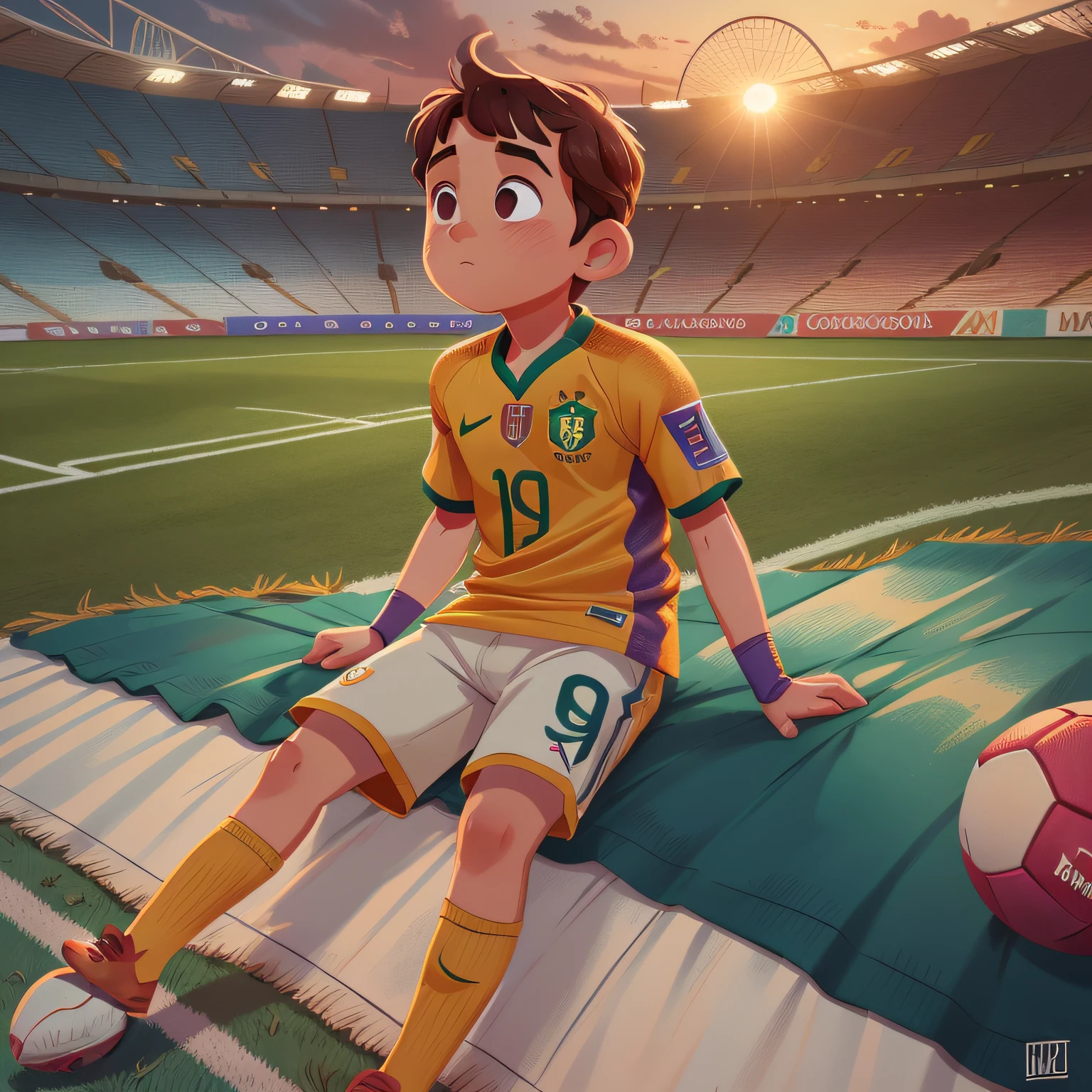 menino de 9 anos cabelos castanhos curtos, olhos castanhos , With uniform of the Brazilian national football team, parado, adimirando um campo de futebol, olhando do alto de uma pequena colina no horizonte, ao por do sol, pensativo, imagem linda, de cinema, estilo disney pixar, imagem transmitindo sentimento, imagem em 8k , ultra, high definition.