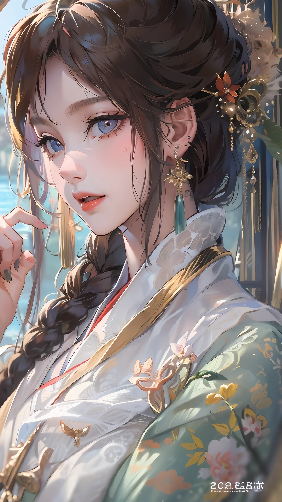 Best quality at best,tmasterpiece,illustratio,an extremely delicate and beautiful,The is very detailed,CG,unity,8k wallpaper,astounding,finely detailled,tmasterpiece,Best quality at best,offcial art,Very detailed CG unity 8k wallpaper,absurderes,Incredibly Ridiculous res,hugefilesize,ultra - detailed,A high resolution,The is very detailed,Beautiful detailed girl,very detailed eyes and faces,beatiful detailed eyes,light in face,(Hanfu:1.1),1girll,full bodyesbian,full bodyesbian,shot of,,tmasterpiece,1girll,独奏,brunette color hair,white dresses,,white thighhig,lake,dampness