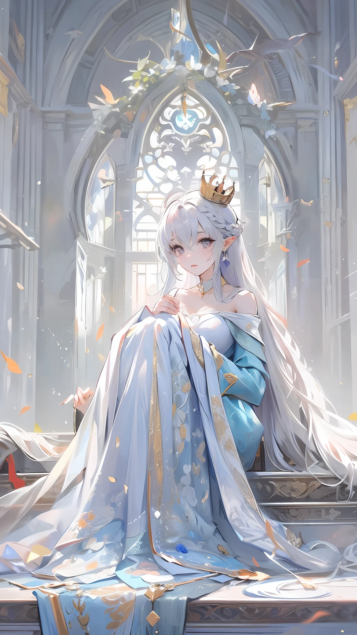 Best quality, highly detailed, masterpiece, ultra detailed, (reality: 1.2), 1 girl, (white background), simple background, delicate eyes, silver hair, purple eyes, hair_ornament, (white off-the-shoulder shirt: 1.3), long hair, pointy_ears, crown_braid, expressionless, straight hair, (++ sitting: 1.2), room,