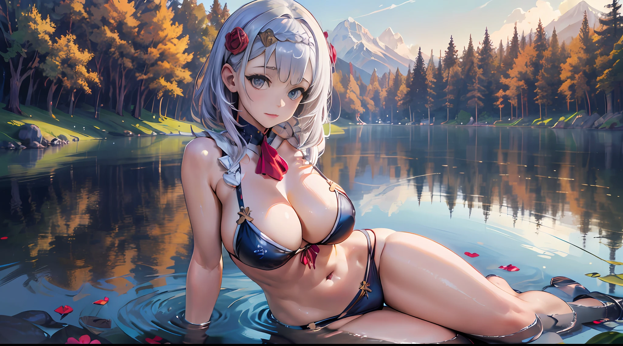NoelleGenshin Impact, Iwhole body, (NSTDA.:1.2), (10, beste-Qualit, master-piece: 1.4), ultra-high resolution, (lifelike, photorealistic portrait: 1.48), 25 age, Cute Girl, (Look neatly through the bikini:1.11), Famous Japanese actors, Beautiful breasts, Blue Eyes, Head tilt, cowboy shot, from the side, looking at the audience, expressionless, Beautiful lake, Zeiss 150mm F/ 2.8 Hasselblad, Whole body, foot, Ultra-Wide Angle