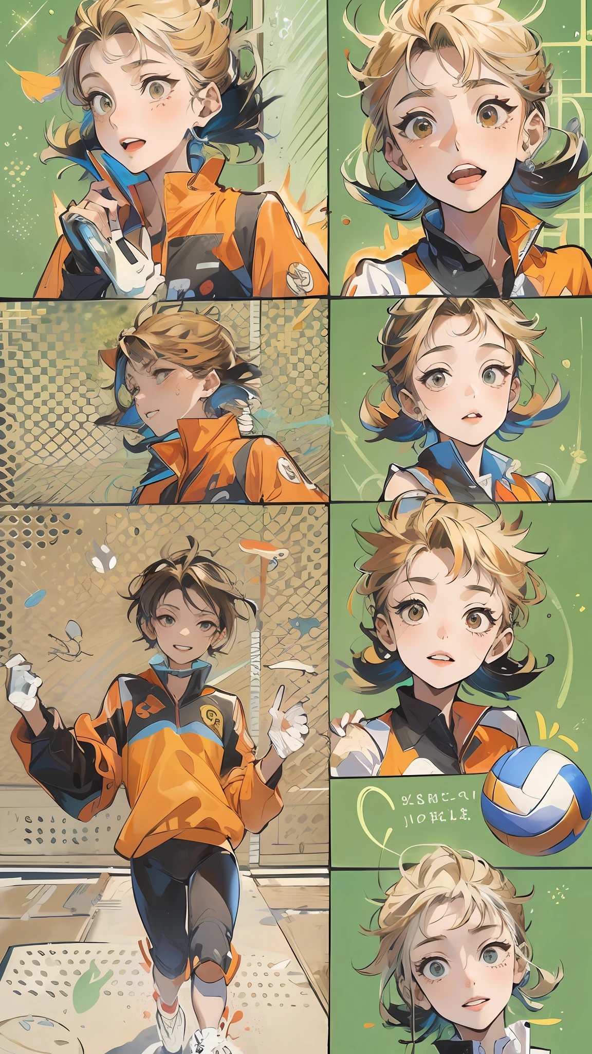Nishinoya Yu ,独奏,1boys,tmasterpiece,best qualityer,((1人))。((Older),Haihisa!!nishinoya_Yuu high resolution,Ball black_hair (blonde_hair) brown_eyes clothes_writing,Feather footprints karasuno_volleyball_uniform male_focus multicolored_hair orange_shirt parted_lips playing_Sports shirt short_Hair solo (streaked_hair) Sweat two tones_hair upper_Body volleyball (volleyball_uniform) (volleyball field)