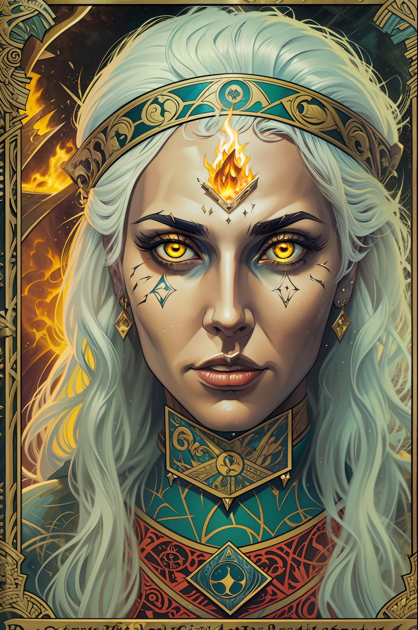 (medieval surreal tarot card style), (carved art face with unique details), dark age witch, white hair, yellow eyes, dark look, extremely attractive face, super detailed, rich in detail, vivid colors, ( 5D elements), composite art, dramatic colors, (tarot card style), (top not framed), mystical elements, fire, earth, water, air, (5D effects), (surealistic)