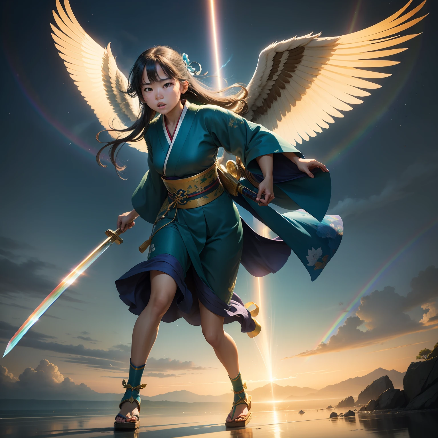 Beautiful -yeld giwearing blue kimono Wearing green sandals, carrying a long golden katana, fighting a griffin in mid-air. Clear skies, rainbows passing through.