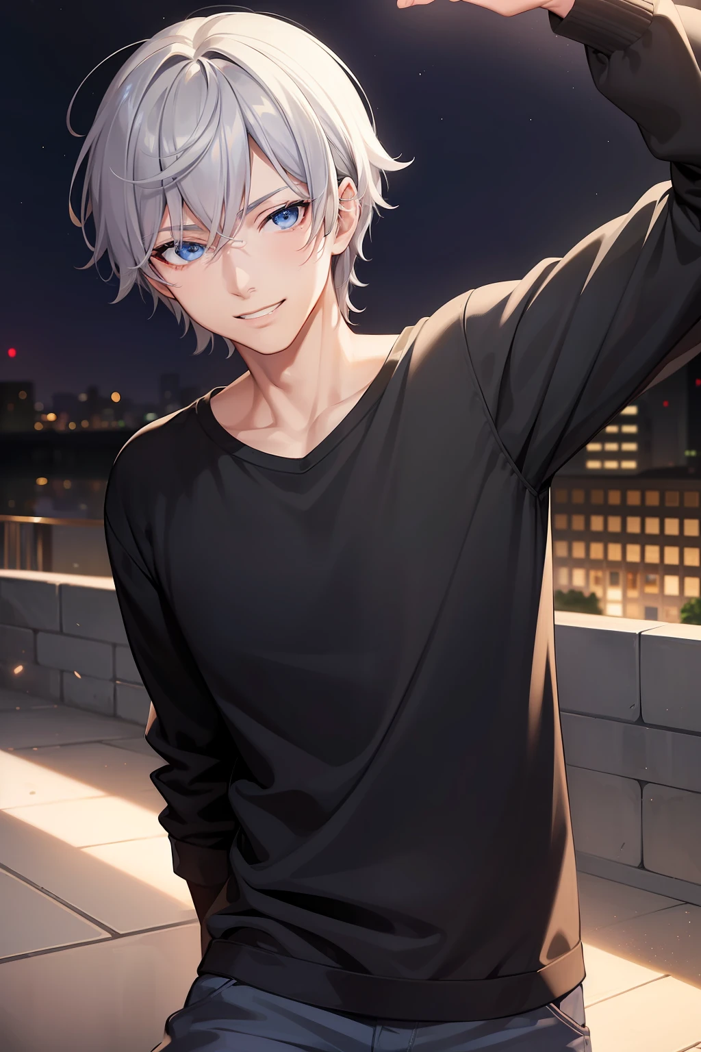 masutepiece,Best Quality,Solo Boy,Solo Man,Solo Boy,Solo Man,Middle Age,beautidful eyes,Seductive smile,Gray hair,Blue eyes,(Face shot:1.3),Detailed face,8K resolution,Night,dark,casual clothes