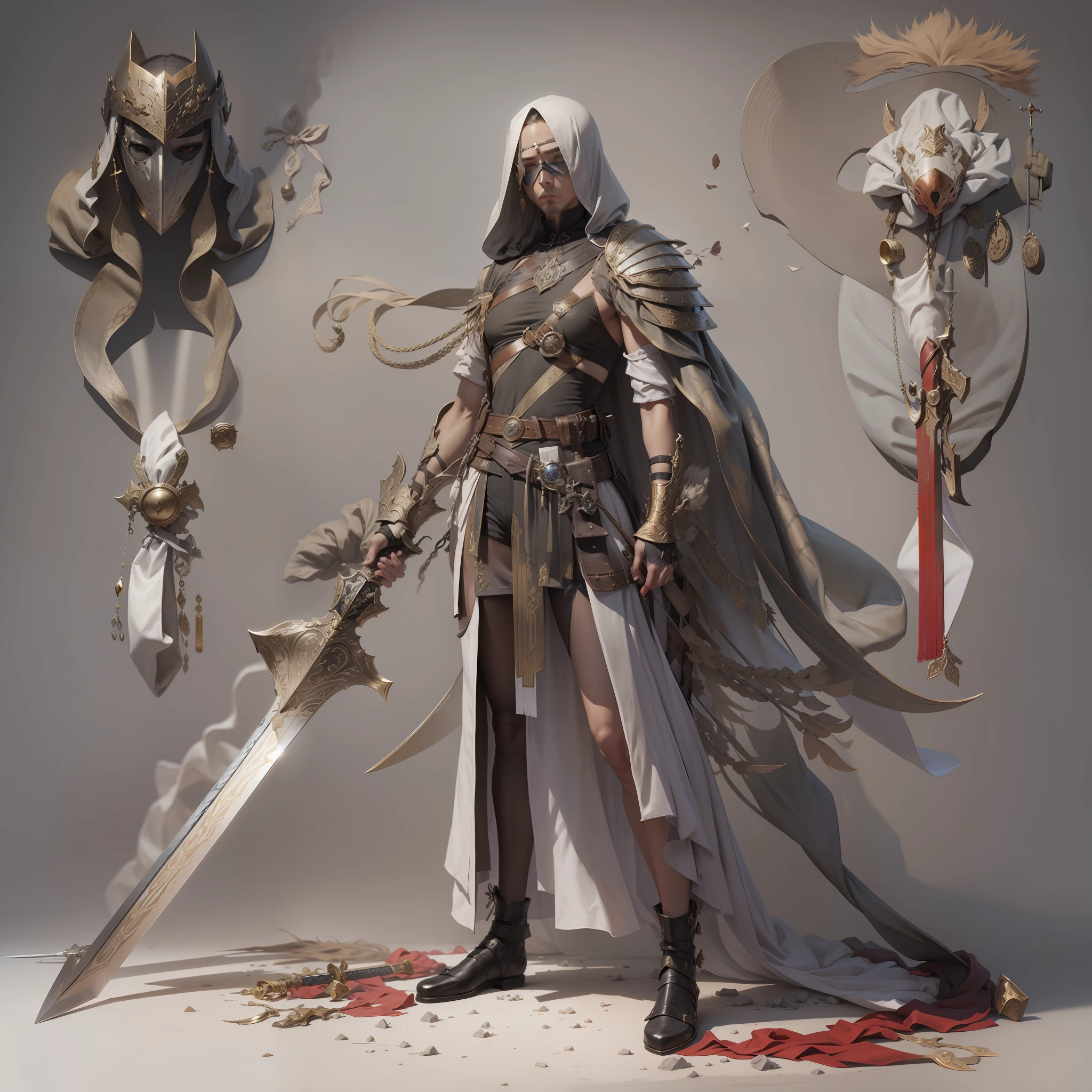 Copper model，Python robe products， Silver weapons， The sword， halter， Weapons of the future， 32K, Linen cloak, Top quality, Masterpiece:Faust，,1 ， short detailed hair， thin fog， （tmasterpiece，k hd，hyper HD，16k）,clutching a sword，blood sky， Brunette knife， Shorts smoke， silkouette， bandagens， sword sheath， Masks， 独奏，Ivory white background