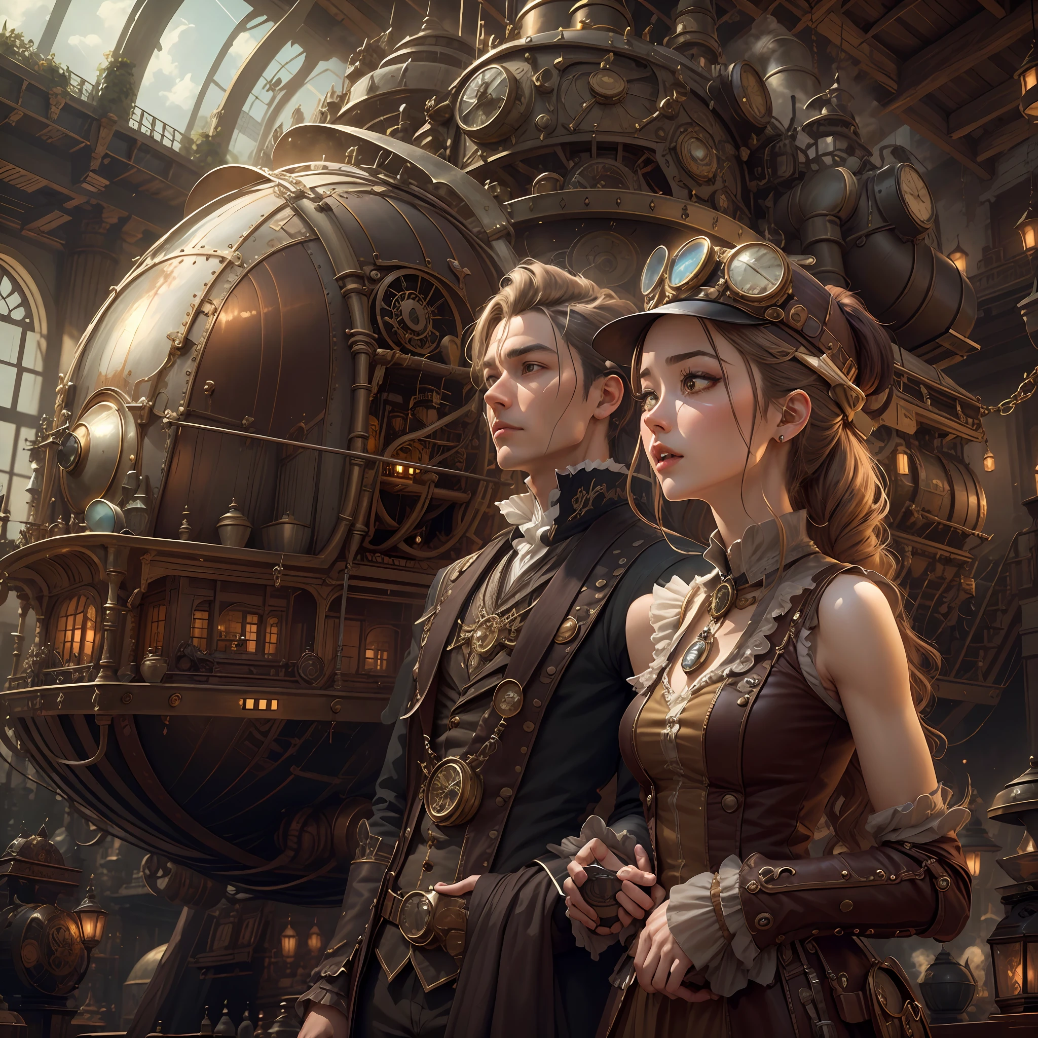 best qualtiy,tmasterpiece,超高分辨率,(realisticlying:1.4),absurderes,(1 couple repairing airships in the manor,(Eye focus),sface focus, Clear facial features),(koh_amberheard:0.8),1 best long shot photo of Mechanical Airship Manor,Fantasy sci-fi vehicles,hyper realisitc,steampunc,Complex design,insanely details,finely detailled,Steampunk AI,1 couple doing business on the estate