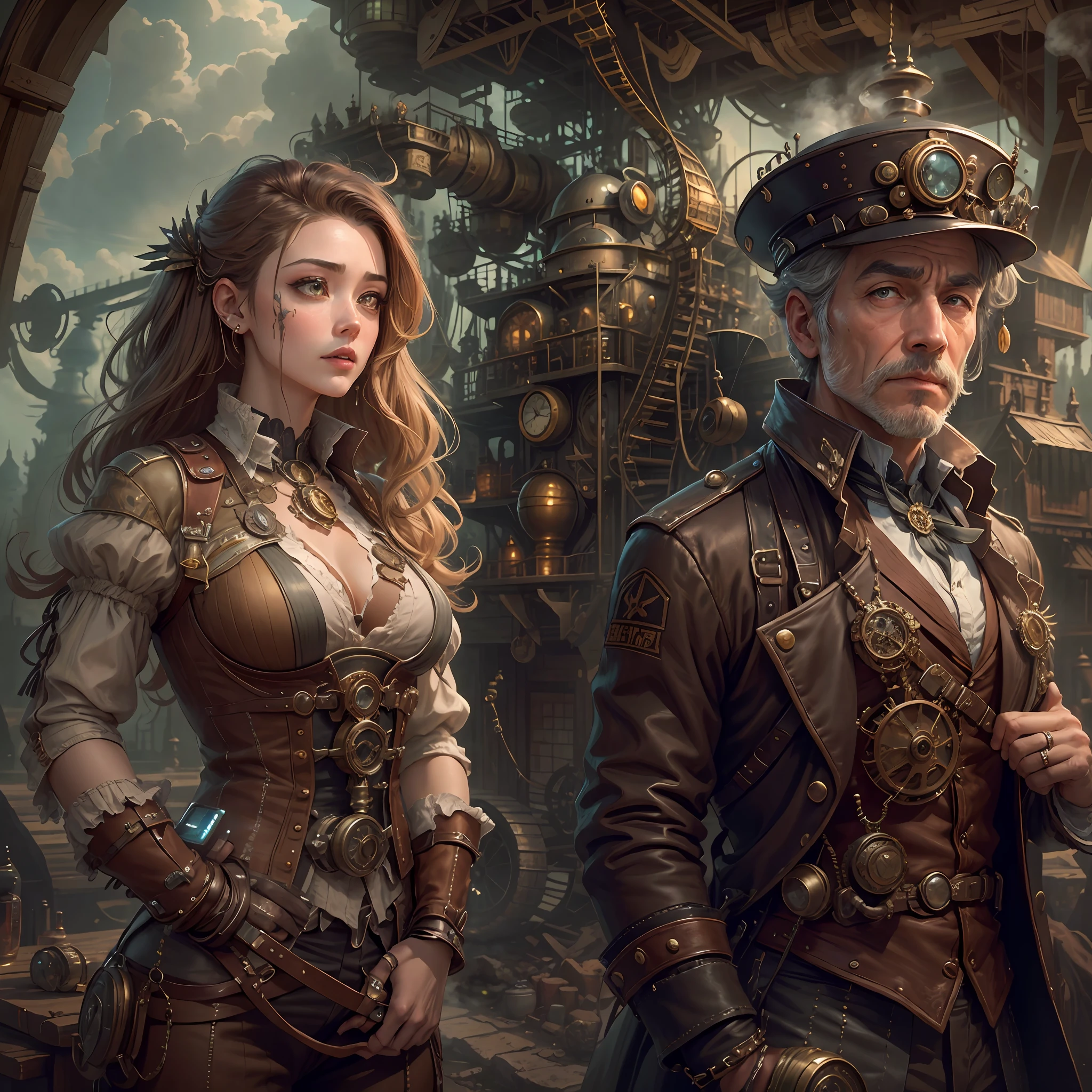 best qualtiy,tmasterpiece,超高分辨率,(realisticlying:1.4),absurderes,(1 couple repairing airships in the manor,(Eye focus),sface focus, Clear facial features),(koh_amberheard:0.8),1 best long shot photo of Mechanical Airship Manor,Fantasy sci-fi vehicles,hyper realisitc,steampunc,Complex design,insanely details,finely detailled,Steampunk AI,1 couple doing business on the estate