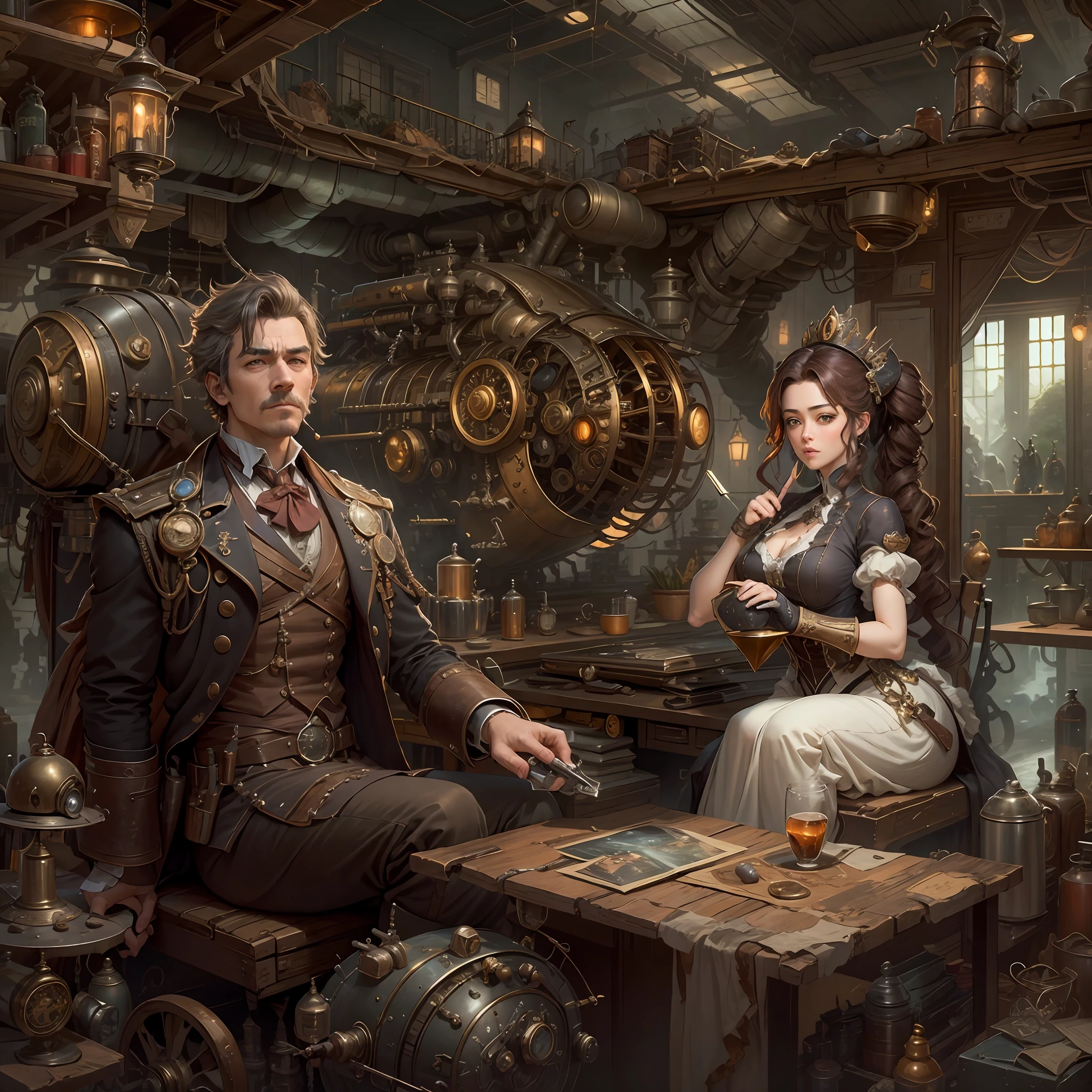 best qualtiy,tmasterpiece,超高分辨率,(realisticlying:1.4),absurderes,(1 couple repairing airships in the manor,(Eye focus),sface focus, Clear facial features),(koh_amberheard:0.8),1 best long shot photo of Mechanical Airship Manor,Fantasy sci-fi vehicles,hyper realisitc,steampunc,Complex design,insanely details,finely detailled,Steampunk AI,1 couple doing business on the estate