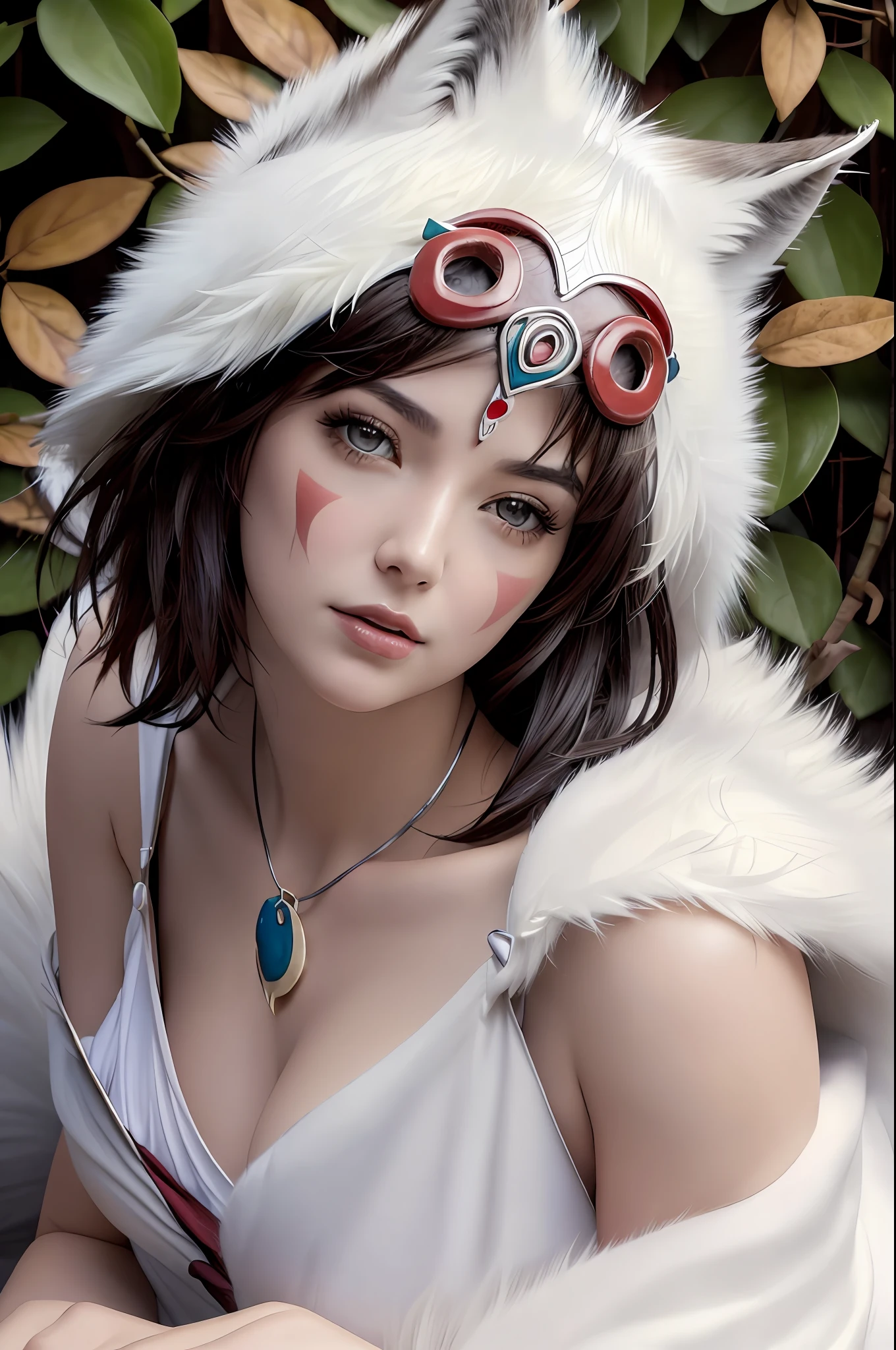 (NSFW),(realism, masterpiece, best quality, smalldetailed), 1girl, solo, glamour close-up shot from above of beautiful (princessmononoke) lying (next to a wolf) surrounded by leaves, fluffy, pixie cut, extremely short hair, busty, erect boobs, (white wolf), serious, details, (realistic, photography), blurry background, softfocus, face focus, dramatic light, atmosphere shoot,     detailed face, detailed pupils, detailed iris of eyes, detailed plump lips,  cute face,  closeup portrait,  bestseller,