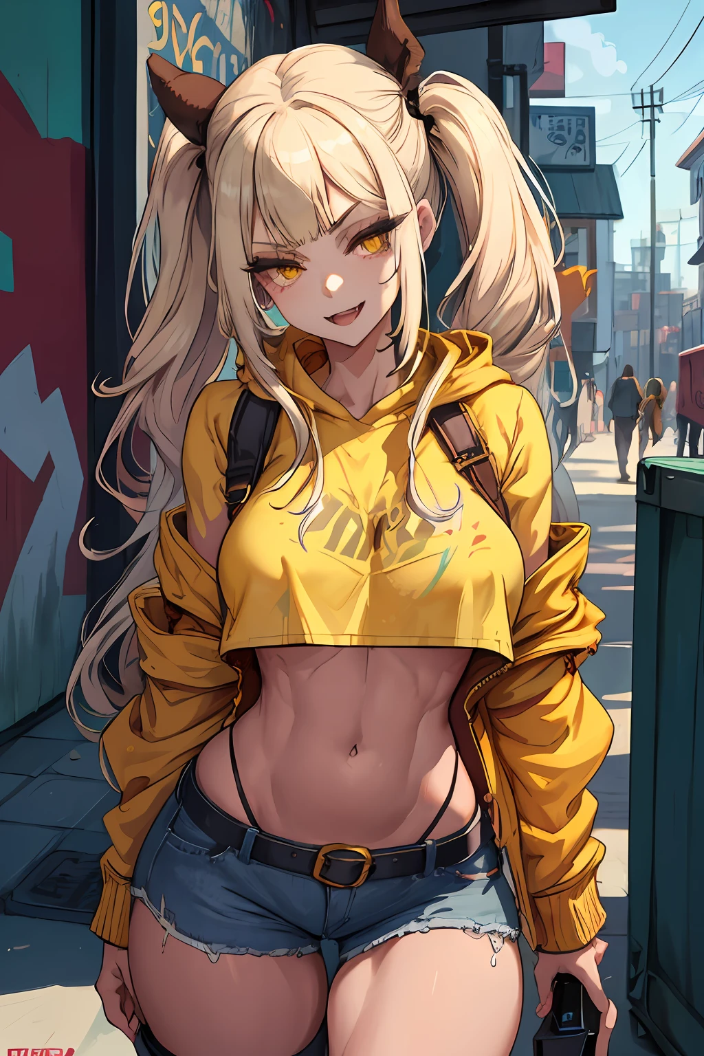 Original Character, Volumetric Lighting, Best Shadows, Shallow Depth of Field, Portrait Of Stunningly Beautiful Girl, Petite, Delicate Beautiful Attractive Face With Alluring Yellow Eyes, Messy Painted Face, Sharp Eyebrows, Broadly Smiling, Open Mouth, Fangs Out, Lovely Medium Breasts, Layered Long Twintail Blond Hair, Blush Eyeshadow, Thick Eyelashes, Applejack Hat, Oversized Pop Jacket, Mini Underboob Tee, Open Navel, Slim Waist, Denim Jeans Pants, With Buckle Belt, In The Graffiti Alley, Waste Container, Outside Stairs, Outdoor Unit, Holding Spray Paint Can, Standing, (Highest Quality, Amazing Details:1.25), (Solo:1.3), Brilliant Colorful Paintings