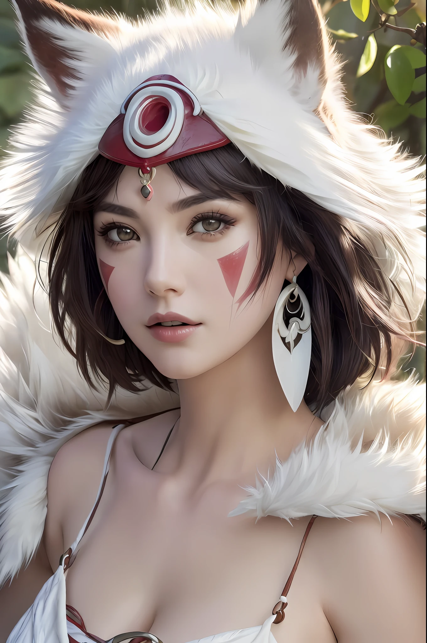 (SFW),(realism, masterpiece, best quality, smalldetailed), 1girl, mature, solo, glamour close-up shot from above of beautiful (princessmononoke) lying (next to a wolf), hugging a wolf,  surrounded by leaves, fluffy, pixie cut, extremely short hair, busty, erect boobs, (white wolf), serious, details, (realistic, photography), blurry background, softfocus, face focus, dramatic light, atmosphere shoot,     detailed face, detailed pupils, detailed iris of eyes, detailed plump lips, sharp focus, (pupils accent),  cute face,  closeup portrait,  bestseller,