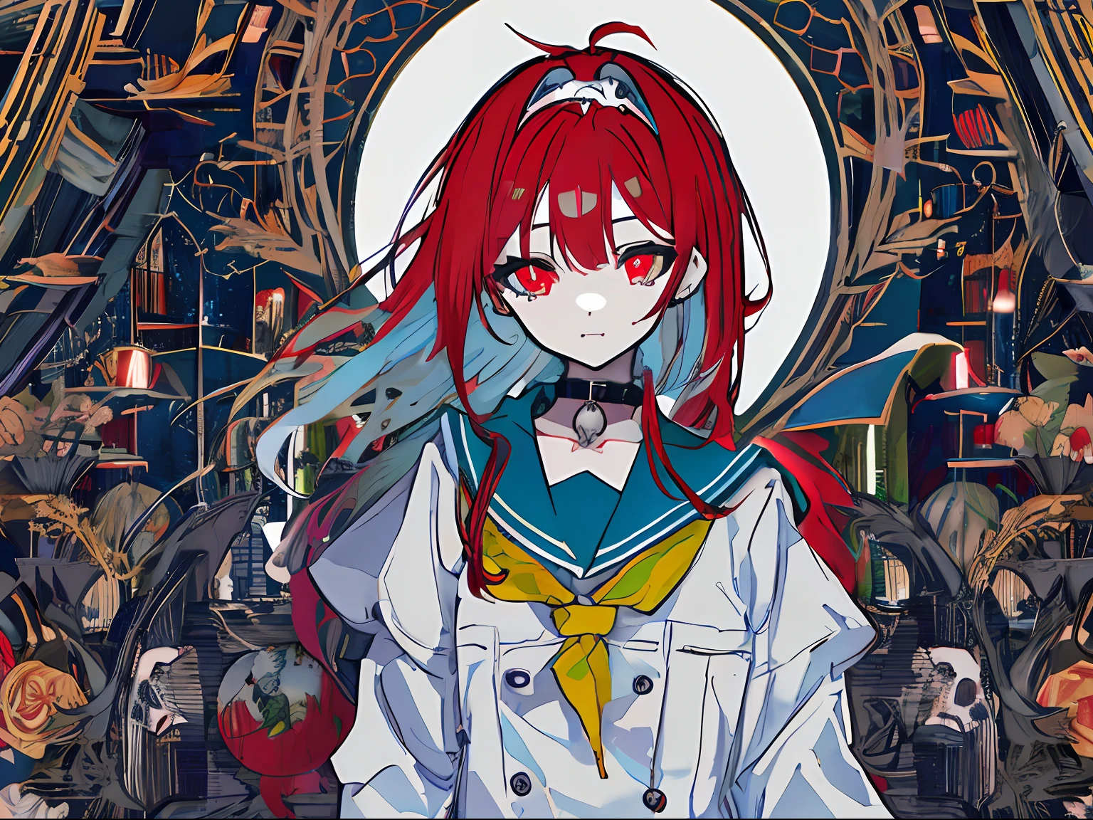 Golden ratio,(Masterpiece), (Best quality), (Ultra detailed),(illustration)，(细腻细致), (Intricate details), (Cinematic light, 最优质的背光), 清晰的线条, perfect bodies，one-girl ，White double ponytail，Red pupils，Skull hair band，slender body，with a collar around the neck，a sailor suit，There is a coat，Crazy expression，morden style，Satan tattoo，