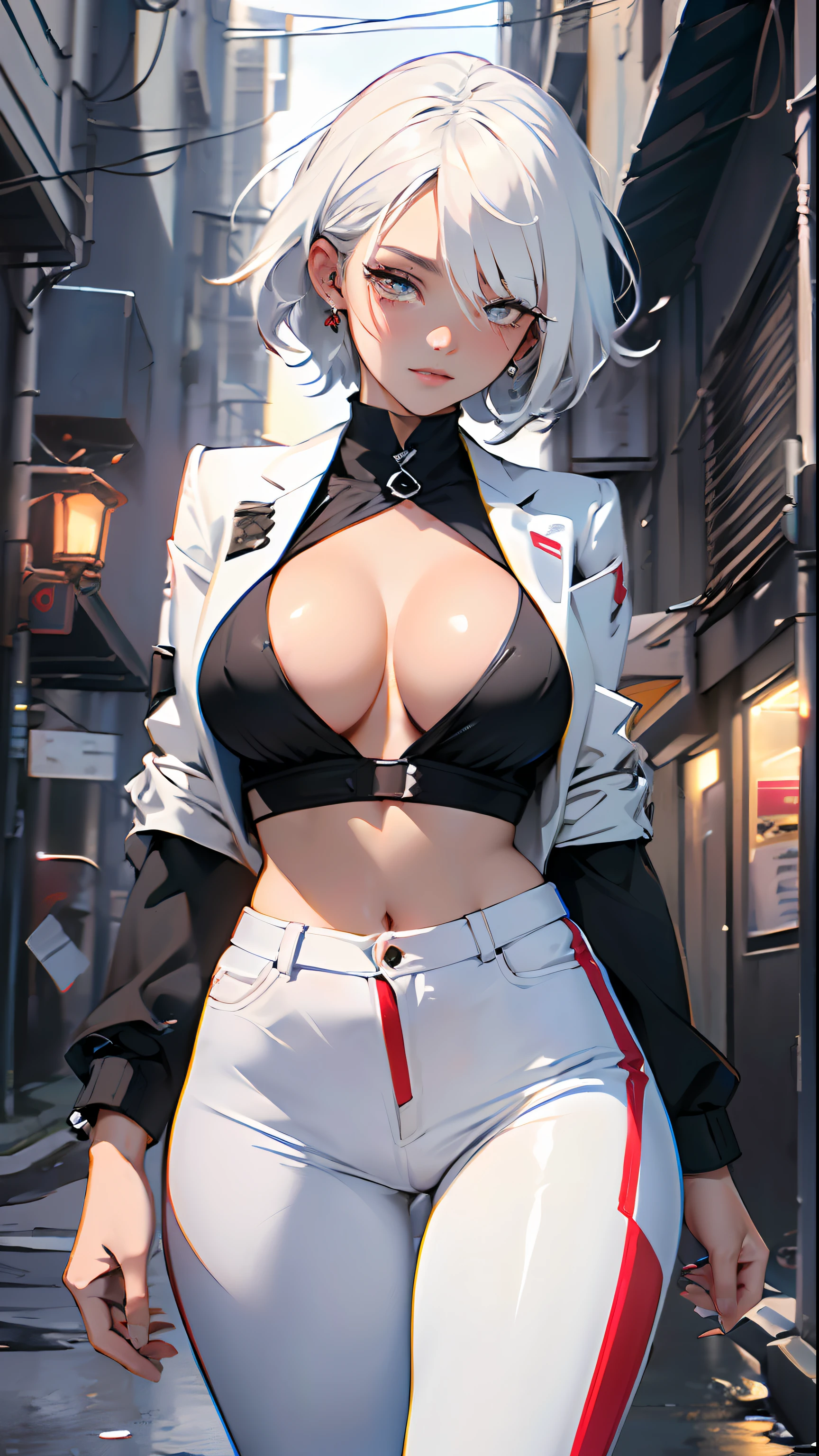 cute albino girl,(((1girl))),((anime albino girl with extremely cute and beautiful white hair walking seductively down the street)),
(small breasts:1.4),(((white hair:1.35,colored inner hair,ear breathing,small hair, tomboy haircut))),((heterochromia, eye1 white, eye2 aqua, perfect eyes, upturned eyes:1.3, beautiful detailed eyes, finely detailed beautiful eyes:1, big highlight on eyes:1.2, slanted eyes)), ((fat)),(((pale skin, lustrous skin:1.5,bright skin: 1.5,skin tanned,shiny skin,very shiny skin,shiny body,plastic glitter skin,exaggerated shiny skin))),(spider lower abdomen,narrow waist,wide hip,athletic body,inflated legs,delicate detailed fingers,detailed body,detailed arms,human hands, detailed hands),
cute,slutty,seductive,erotic,(((nsfw))),
(((wearing white formal blazer,white pants,))), (((huge cleavage))), (detailed outfit,detailed clothes),
(dynamic pose:1.0), solo focus, embarrassed, centered, scale to fit dimensions, Rule of thirds,
outdoors, ((night view)), (cyberpunk night street Background: 1.5,dark sky,alleyway,lonely alley,thick clouds, detailed background:1.25),
(best quality), (high resolution), (sharp focus), (ultra detailed), (extremely detailed), (extremely high quality artwork), 8k_wallpaper, (extremely detailed CG 8k),(very fine 8K CG), ((hyper super ultra detailed perfect piece)), flawless, (((masterpiece))), illustration, vibrant colors, (intricate), High contrast, Selective lighting, Double exposure, HDR (High Dynamic Range), Post-processing, Background blur,