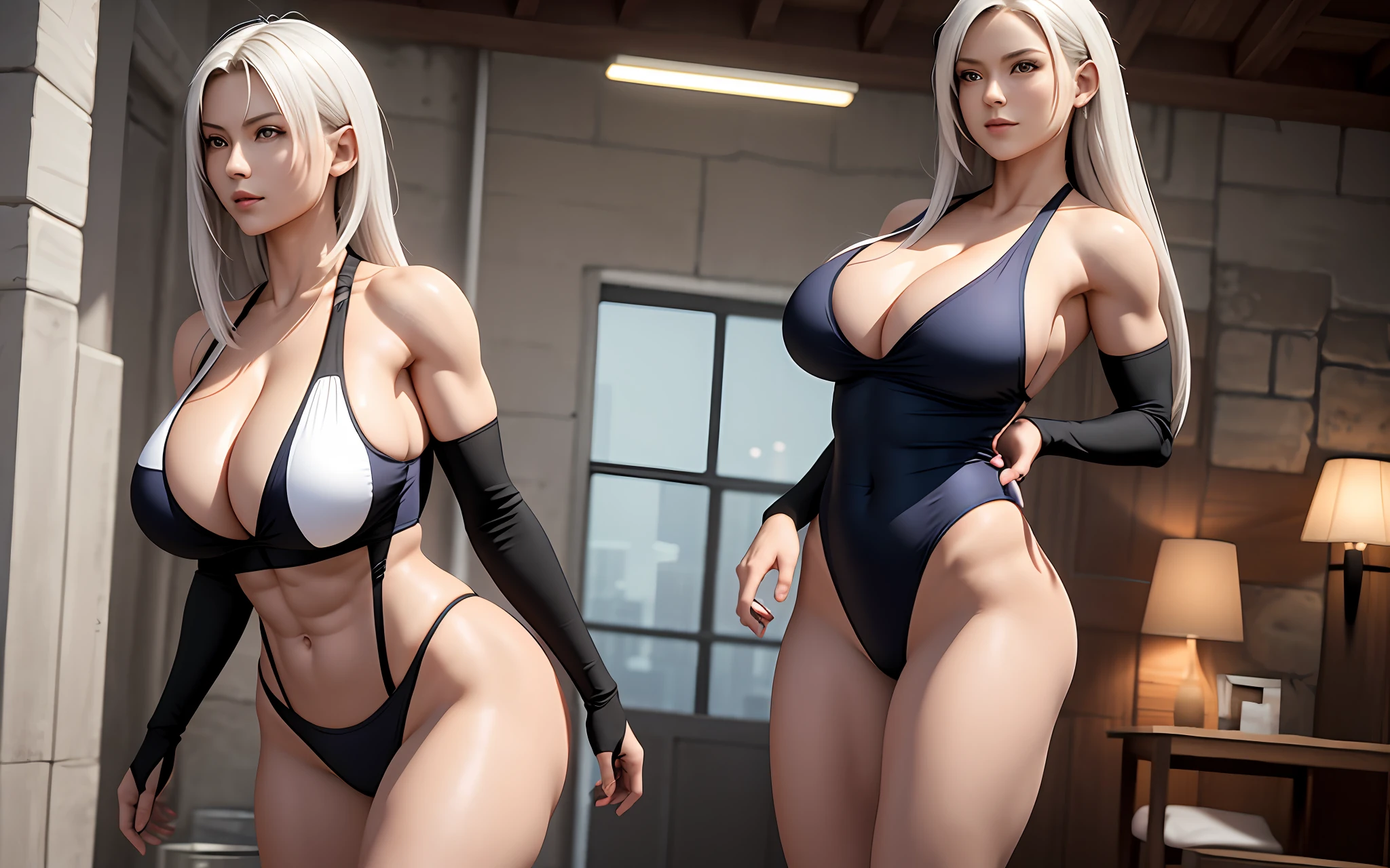 (tmasterpiece), (best qualtiy), 8K分辨率, ultra - detailed, photorealestic, photore, femele, with short white hair,Eight-pack abs,Expose abs,with a well-proportioned body,Toned arms,3DMM style,White super sexy super high fork super deep V three-point one-piece swimsuit,The thighs appear in the picture,Body facing the camera,arms stretched wide,She has huge, full breasts,Incredibly large and firm breasts,Two women,Light shines from the front