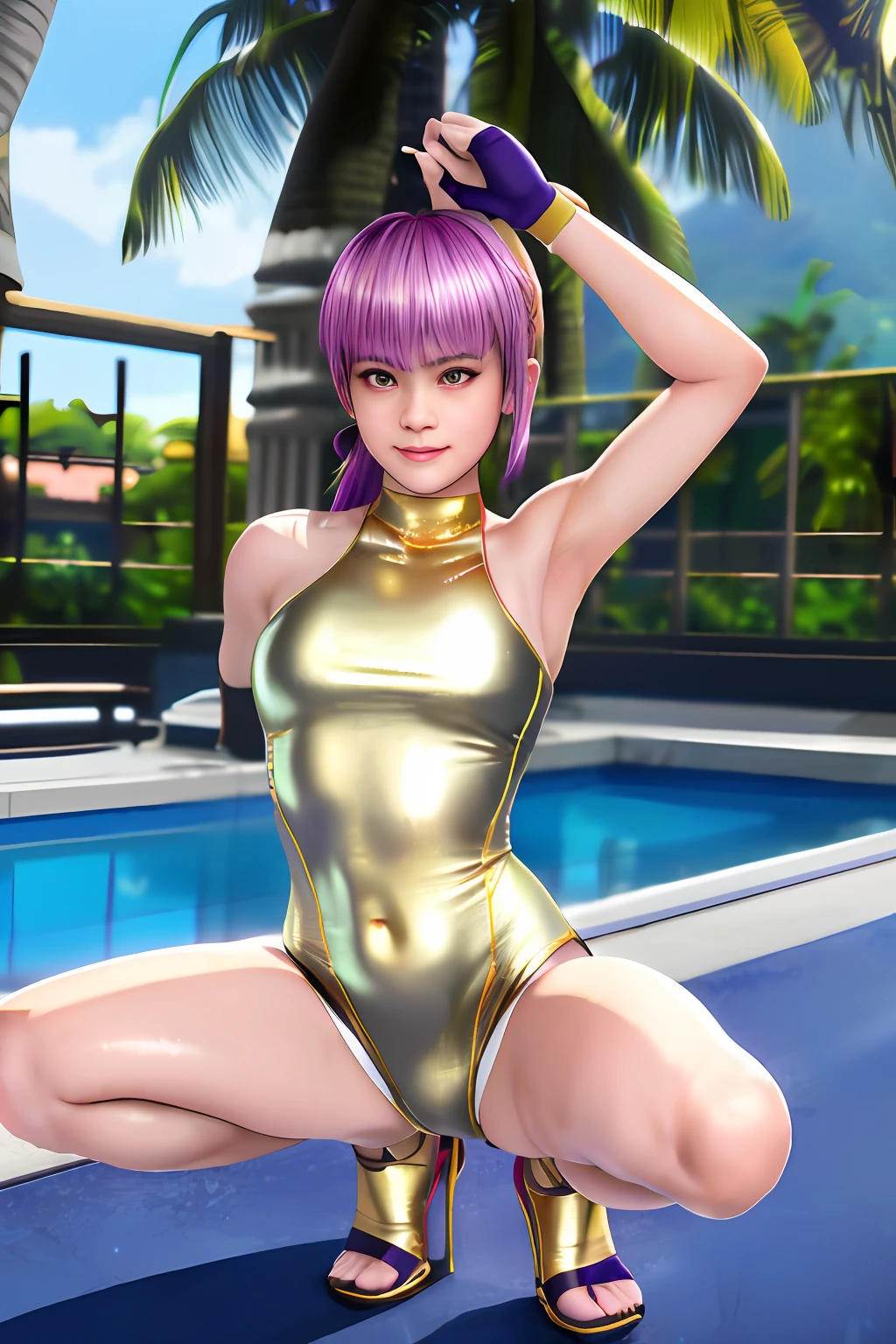 Top image quality、top-quality、8K picture quality、1girll、full body Esbian、ayane、A smile、embarrassed from、red blush、Beautiful fece、Bright purple hair、(Gold Metallic:1.4)、(Sleeveless)、(High neck competitive swimsuit)、(highleg)、(Crotch penetration)、(pin heels)、Squatting on the ground、(Open your crotch wide from side to side)、Arms behind your head、(Show off your armpits)、gazing at viewer、((Face the viewer))、((Show viewers your crotch)) 、((Frontal shot))、in poolside、profetional lighting、professional photograpy