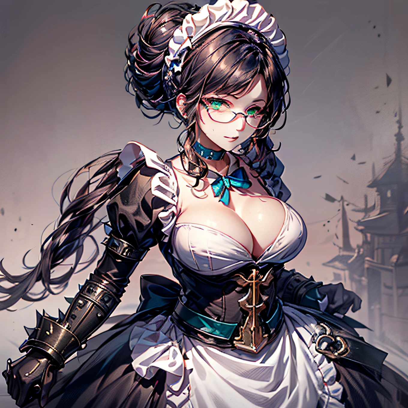 (1girl,  alpha:1.0), (anime overlord), (solo:1.4), (Maid_Dress), (64k,HD, Raw photo, highes, Best Quality, mastepiece:2.0), (Ultra-fine depiction of details:3.0), (a serious, loyal, hard-working maid head, the vice-captain of the "Pleiades Six Stars", the battle maid squad of the Great Tomb of Nazarick), (a beautiful woman with an intelligent look), black hair, (elegant, vivid blue bowtie, ribbon:1.3), (green wristband), (She is equipped with highly elaborately designed, dark emerald green spiky gauntlets:1.5), (perfect face, perfect body, perfect figure, pink lips, slight blush), (cool, intellectual glasses), (gray, black eyes:1.3), (shiny sleek long hair, single hair bun, single braid bun, double bun), (silky, high-quality, majestic, gothic, ((low-key)), simple, maid dress:1.0), (vivid blue gothic style choker:1.3), (pure white maid apron:1.2), (gigantic breasts, almost brimming out of maid dress:1.2), (sexy cage:1.1), inhouse, studying the orders issued by the master of [the Great Tomb of Nazarick, Ainz Ooal Gown], the room is filled with solemn atmosphere, (long shot, full body shot), (perfect lighting,)