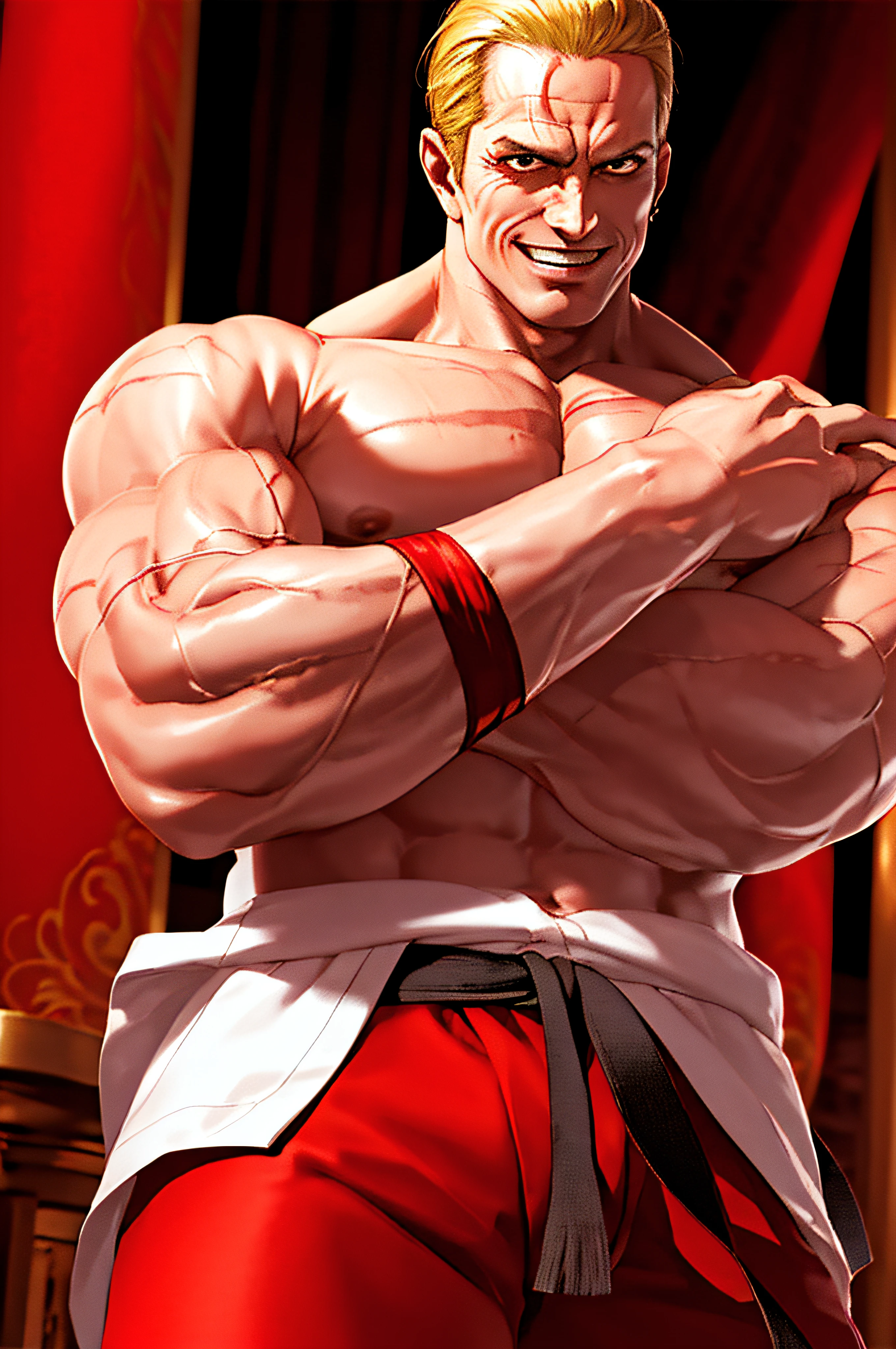masterpiece, highquality, smiling, opened eyes, mafia fancy restaurant, 45.y.o., man, GeeseHoward, detailed face, detailed eyes, shirtless, red pants, red hakana, black belt, hanging jacket, bracelets, crossed arms 1guy, solo, style-empire