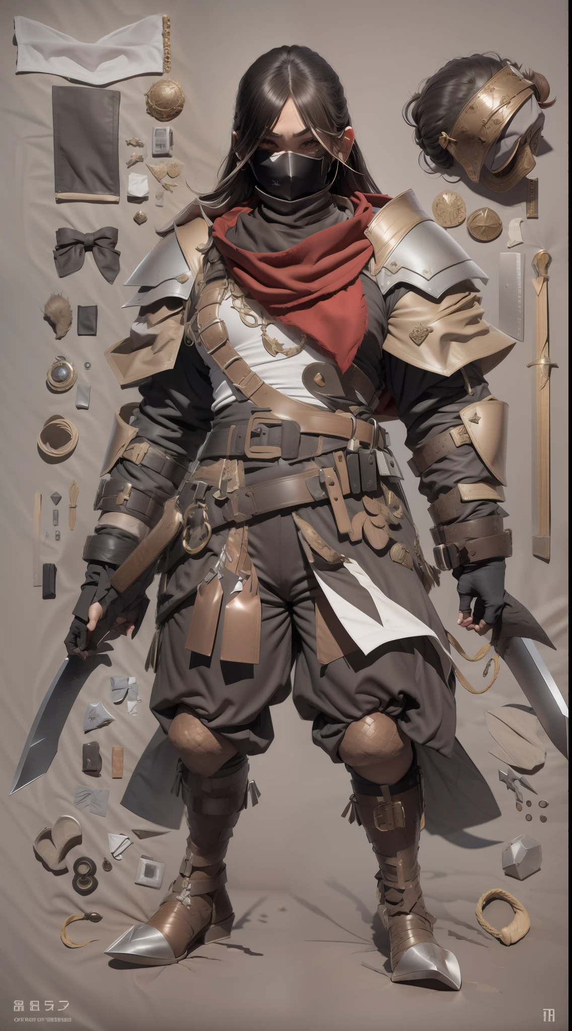 Copper model,New coffee products, Silver weapons, The sword, halter, Weapons of the future, 32K, Linen cloak, Top quality, Masterpiece:Faust,,1 , short detailed hair, thin fog, (tmasterpiece,k hd,hyper HD,16k),clutching a sword,blood sky, Brunette knife, Shorts smoke, Mist coating, bandagens, sword sheath, Masks, 独奏,Ivory white background