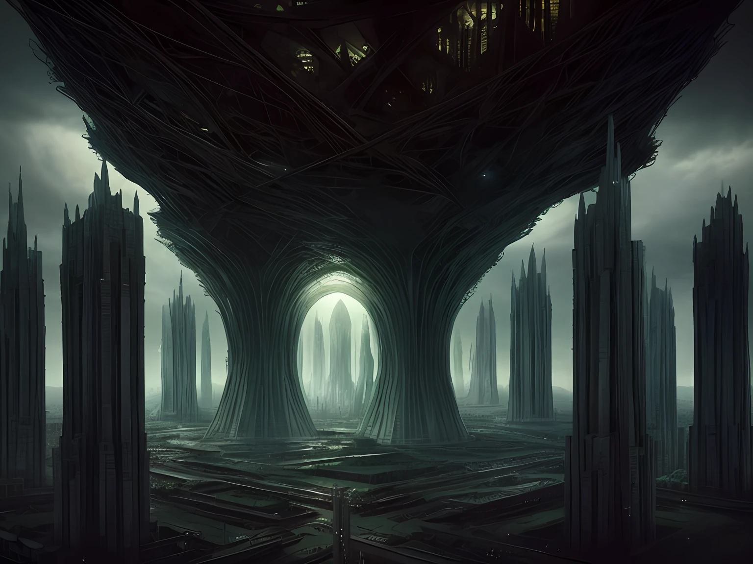 surreal architecture, Towers in the sky loom in the sky, Cinematic texture,Magical world,Alien invasion
Parallel universes