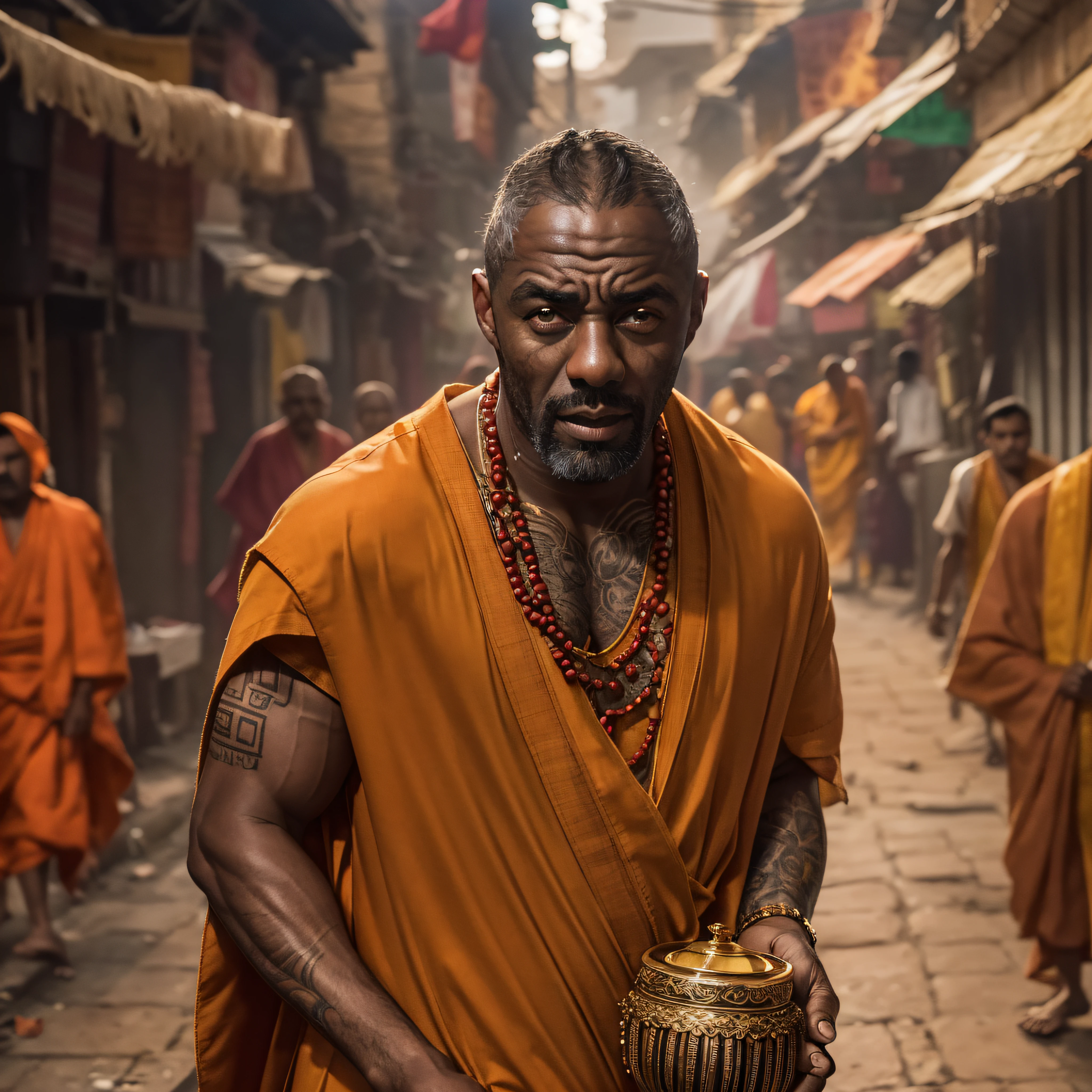 idris elba, cinematic portrait photo of a very interesting idris elba, Wearing the saffron robes of a monk, Saffron clothes, Rudraksha beads, oblong water pot in hand (Kamandal), rudraksha in hand, walking in street of Banaras, eyes close up, highly detailed vfx portrait, taken with a full frame camera with a wild lens,