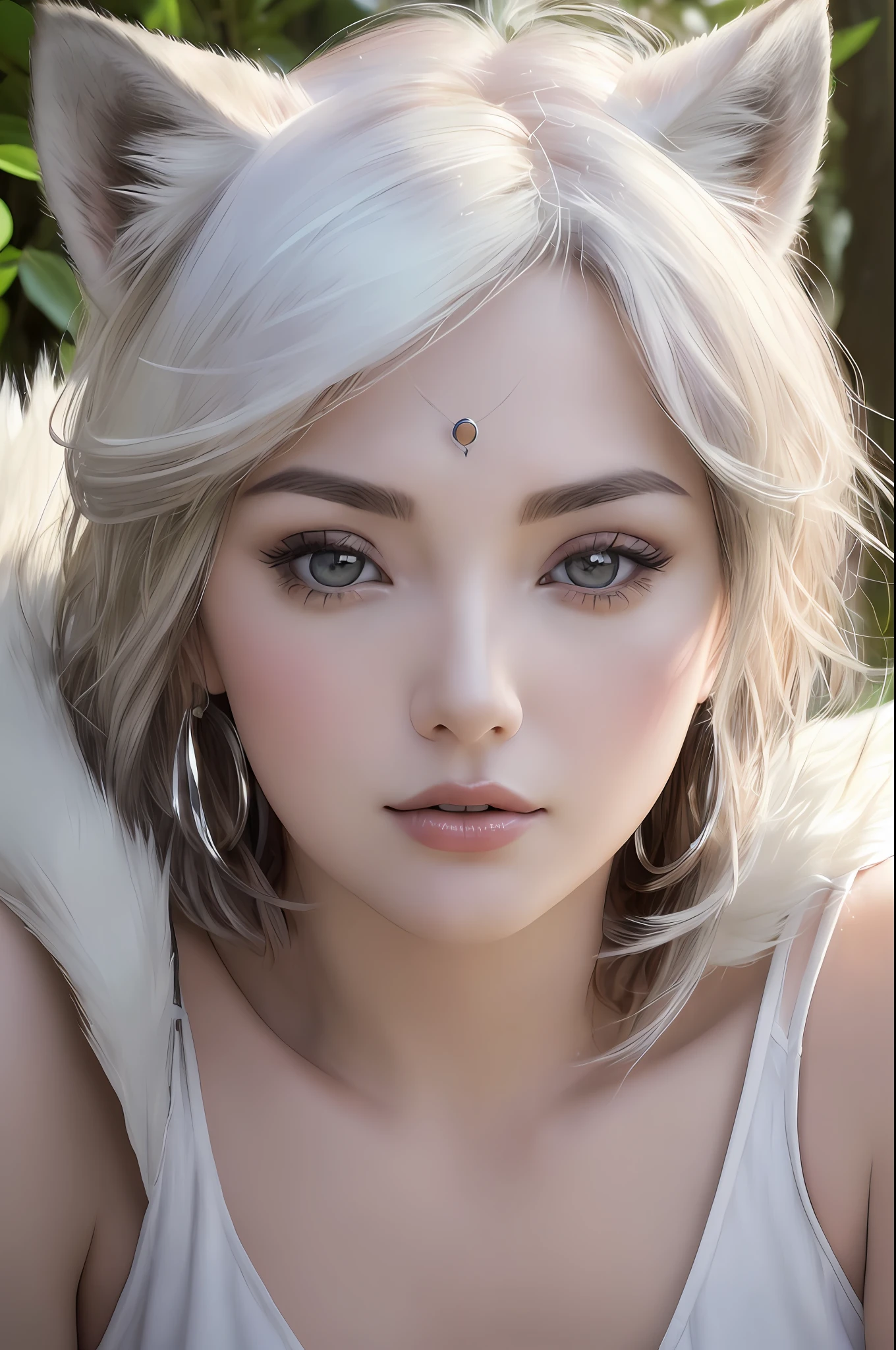 (SFW),(realism, ultrarealism,masterpiece, best quality, smalldetailed:1.4), 1 russian girl, mature, solo, glamour close-up shot from above of beautiful (princessmononoke) lying (next to a wolf), (hugging a white fluffy wolf),  surrounded by leaves, fluffy, pixie cut, extremely short hair,( busty, erect boobs), curvy,  serious, details, (realistic, photography), blurry background, softfocus, face focus, dramatic light, atmosphere shoot, cynematic,     detailed face, detailed pupils, detailed iris of eyes, detailed plump lips, sharp focus, (pupils accent),  cute face,  closeup portrait,  bestseller,  glare and reflections in the pupils,