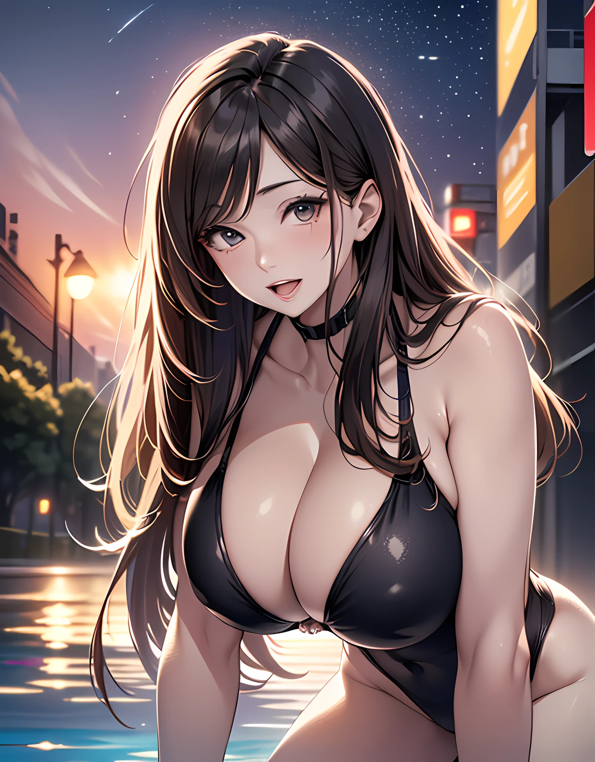 photo realistic, (8k, RAW photo, best quality, masterpiece:1.2), High detail RAW color photo, professional photograph, cowboy shot, (realistic, photo realistic:1.37),cinematic light, (finery detailed face:1.2), cowboy shot, thigh 1 girl, 18-28 years old, very cute, very beautiful, photo realistic, Beauty event companion, BREAK, white skin, real human skin, (detailed face), oval face, pores, ultra high res, BREAK, slim, (gigantic-breast:1.37, big breast:1.37, big cleavage:1.37), (looking straight at viewer with a serene and goddess-like happiness:1.2), (lifter gloss, eyelashes, gloss-face, best quality, ultra highres, Broad lighting, natural shading), brown thin hair, bangs, BREAK, (red competition swimsuit:1.3), ((private jet bath pool, outdoor, under fireworks, night, star, starry sky)), ((light smile, open mouth:1.5, humid, in heat, blush, seductive emotion, aroused)), ((from below:1.3, leaning forward:1.3, kneeling:1.3, all fours:1.3, holding own breast:1.3, covering own breast on hand)), blurry background, bokeh, depth of field, cowboy shot:1.3, centered image,