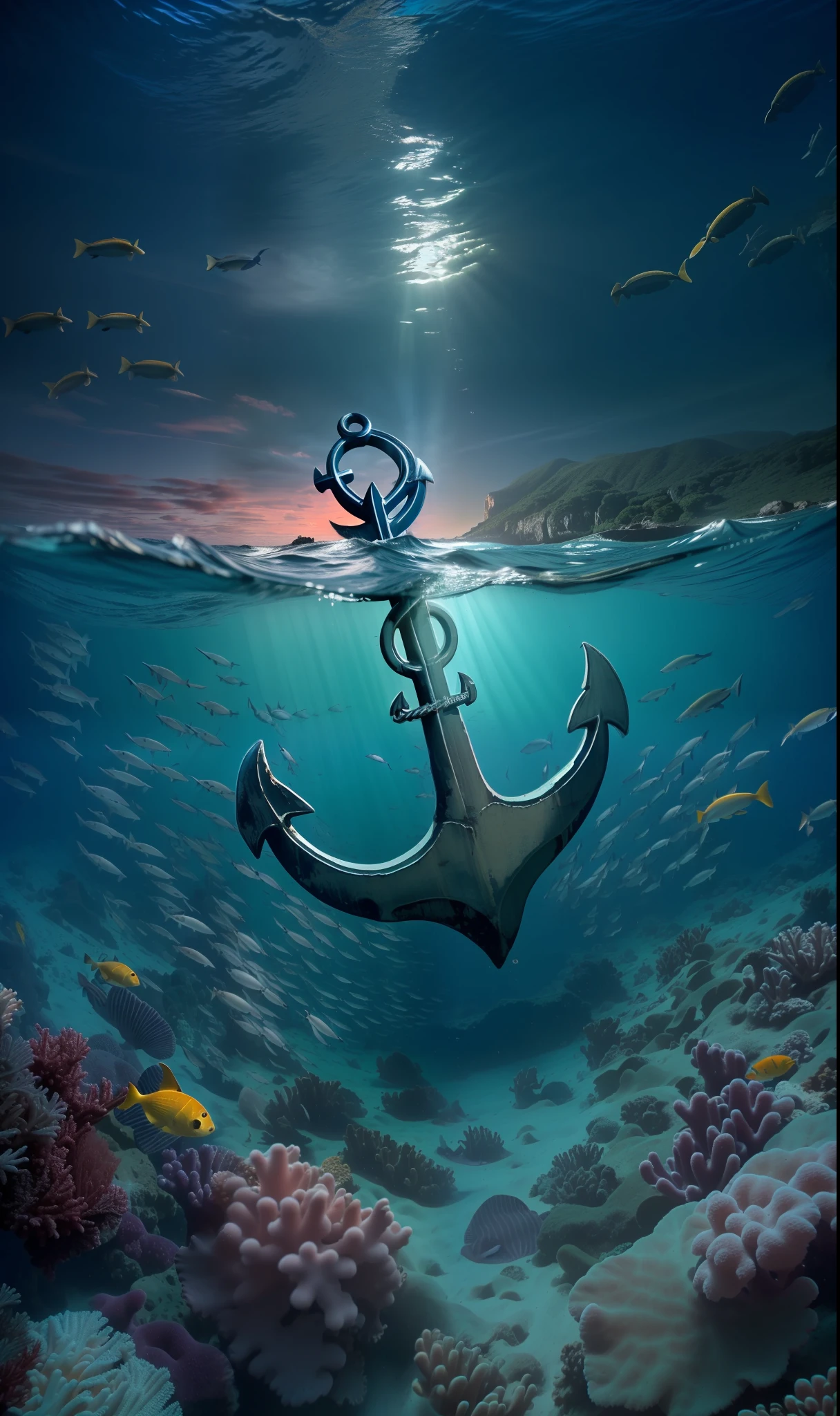 ultra wide angle, Best quality, masterpiece, ultra high res, (photorealistic:1.4), raw photo, (majestic) (((an ANCHOR sits at the bottom of the VERY HIGH ocean floor))), (underwater) in a (coral reef) environment, with (vibrant colors) and (moon rays) shining through the water, GLOOMY thunderstorm above ocean