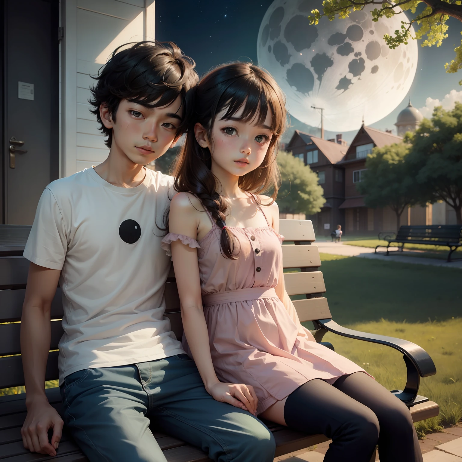 Cute boy and girl, seating on bench,cartoon,watching moon