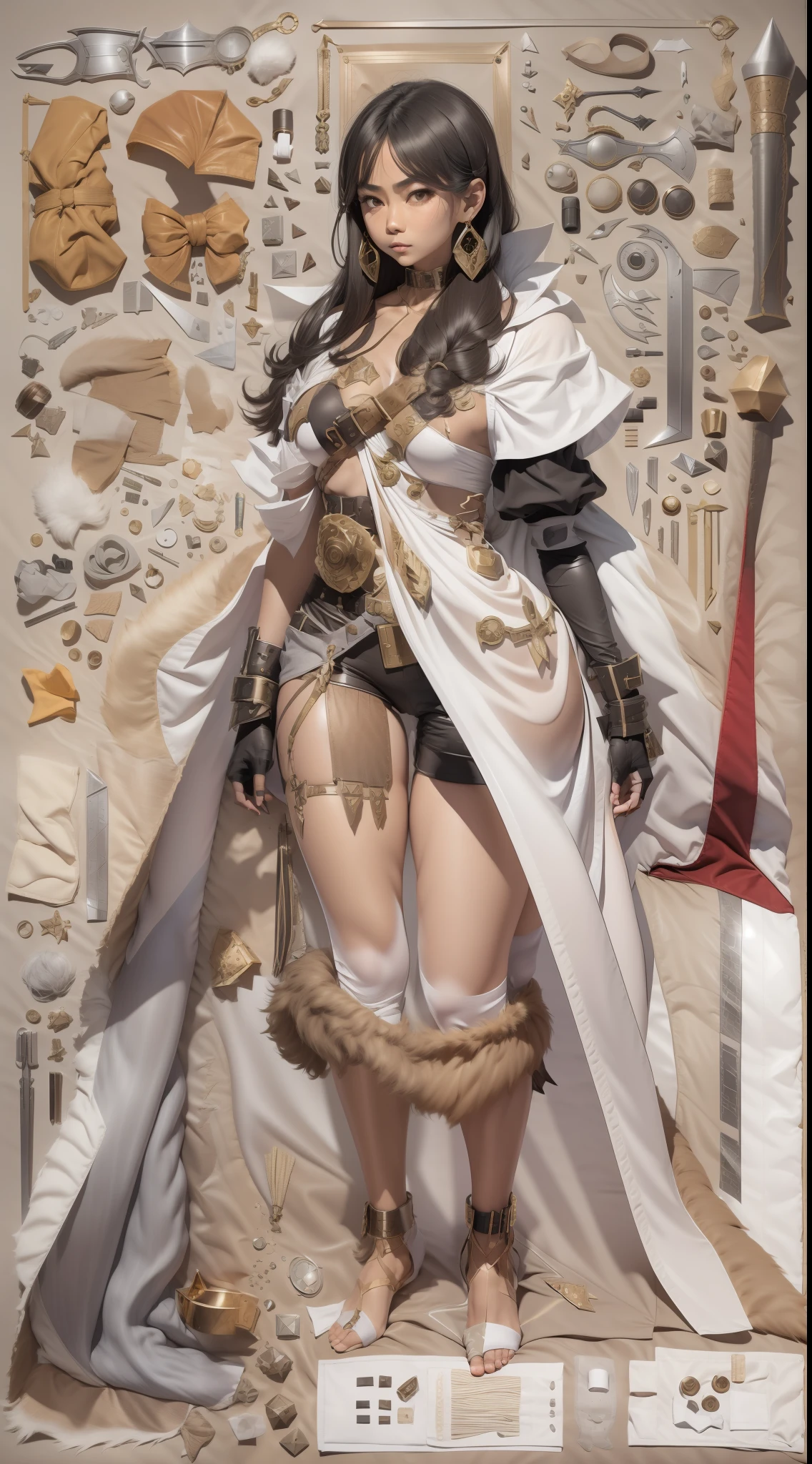 Copper model,New coffee products, Silver weapons, The sword, halter, Weapons of the future, 32K, Linen cloak, Top quality, Masterpiece:Faust,,1 child, short detailed hair, thin fog, (tmasterpiece,k hd,hyper HD,16k),clutching a sword,blood sky, Brunette knife, Shorts smoke, Mist coating, bandagens, sword sheath, Masks, 独奏,Ivory white background