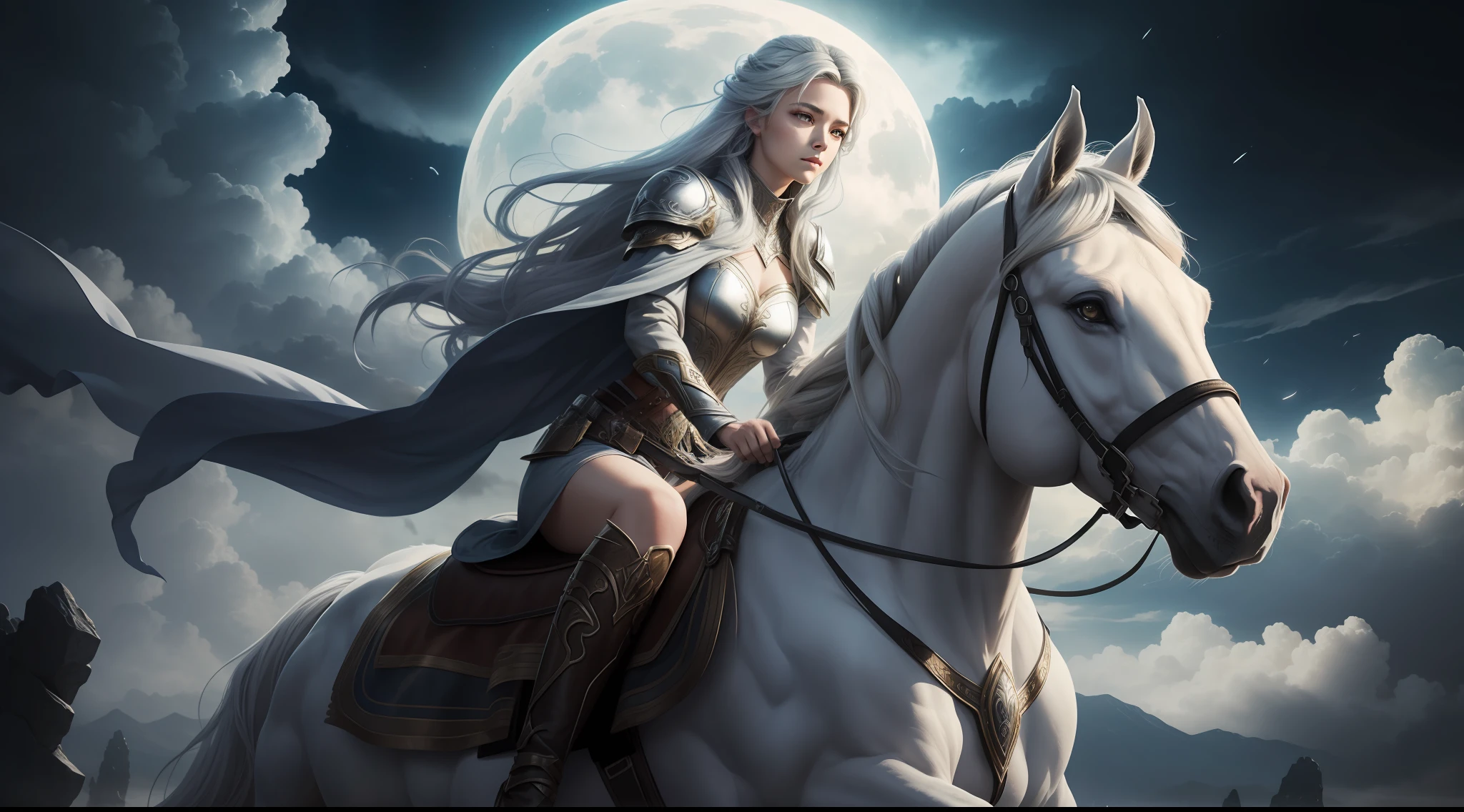 Luna-an ethereal beauty, epic fantasy sci fi illustration, epic clouds and godlike lighting, realistic face, rugged look, furious, her silver hair riding a horse