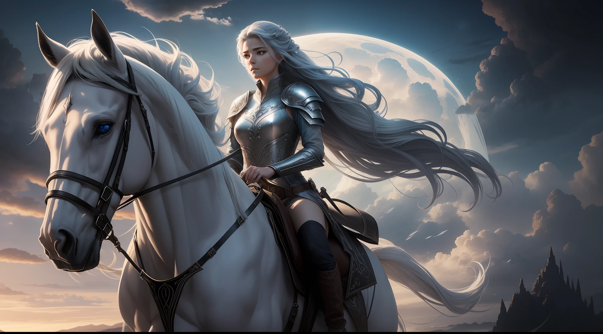 Luna-an ethereal beauty, epic fantasy sci fi illustration, epic clouds and godlike lighting, realistic face, rugged look, furious, her silver hair riding a horse