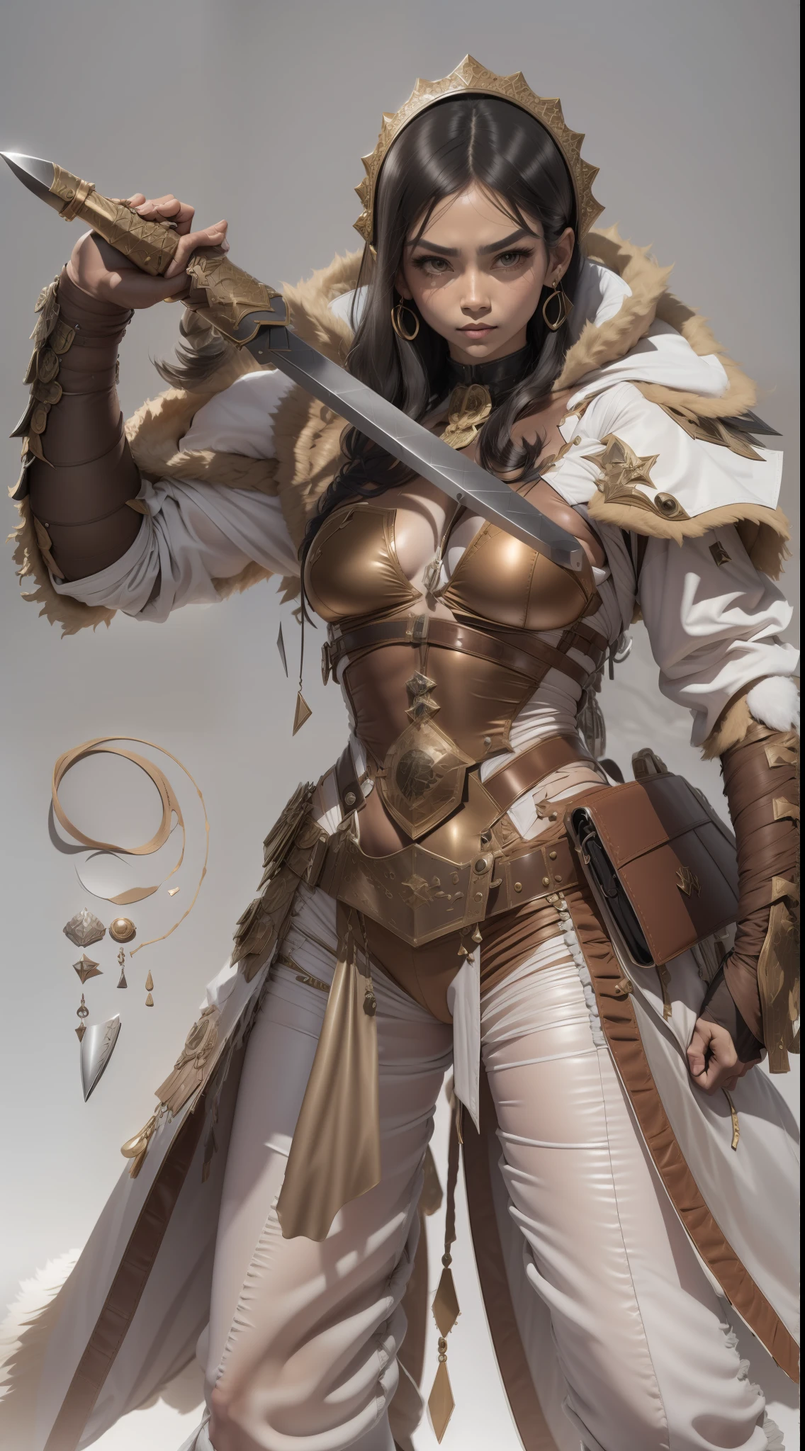 Copper model,New coffee products, Silver weapons, The sword, halter, Weapons of the future, 32K, Linen cloak, Top quality, Masterpiece:Faust,,1 child, short detailed hair, thin fog, (tmasterpiece,k hd,hyper HD,16k),clutching a sword,blood sky, Brunette knife, Shorts smoke, Mist coating, bandagens, sword sheath, Masks, 独奏,Ivory white background