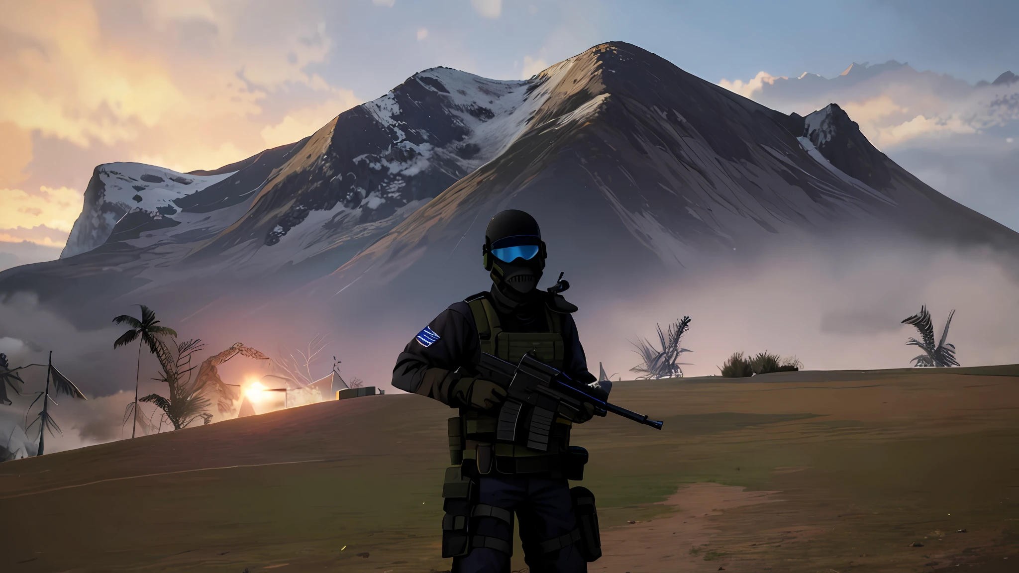 Heavily armed Arafed soldiers stand in a field with a mountain in the background, in game, french special ops, in-game, in - game, holding a mp7, special forces security, in game graphic, Mechanized police infantry, realistic soldiers, Germode, spec ops mask, ingame image, clothed in stealth armor