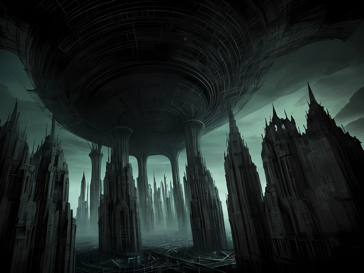 surreal architecture, Towers in the sky loom in the sky, Cinematic texture,Magical world,Alien invasion
Parallel universes