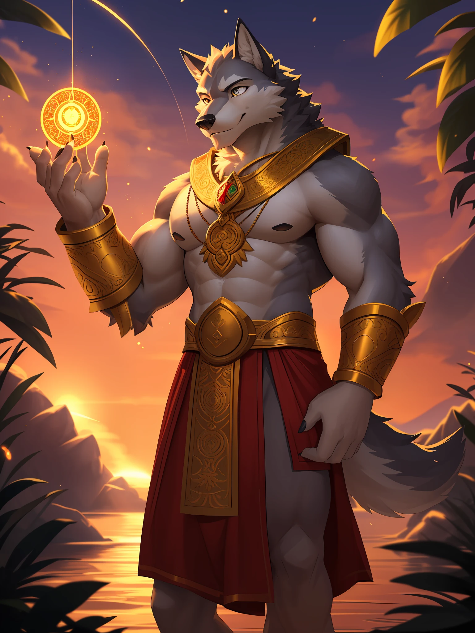 male wolf monk in the garden,dreamy background,lotus position,put one's palms together,The Sanskrit golden wheel behind it,Flying golden Sanskrit,kindness, divinity,divine light,holy light,boundless light,magnificent sunset background,octane render,gorgeous features,beautifully detailed eyes,intricate fur,detailed face,perfect skin texture,extreme details,full body view,cinematic lighting,professional lighting,centered, looking at camera,8k,shot with Hasselblad X1D-50, maximum focus, depth of field, perfect lighting, light particles,(best quality),(masterpiece),(ultra detailed),sharp focus,light particles